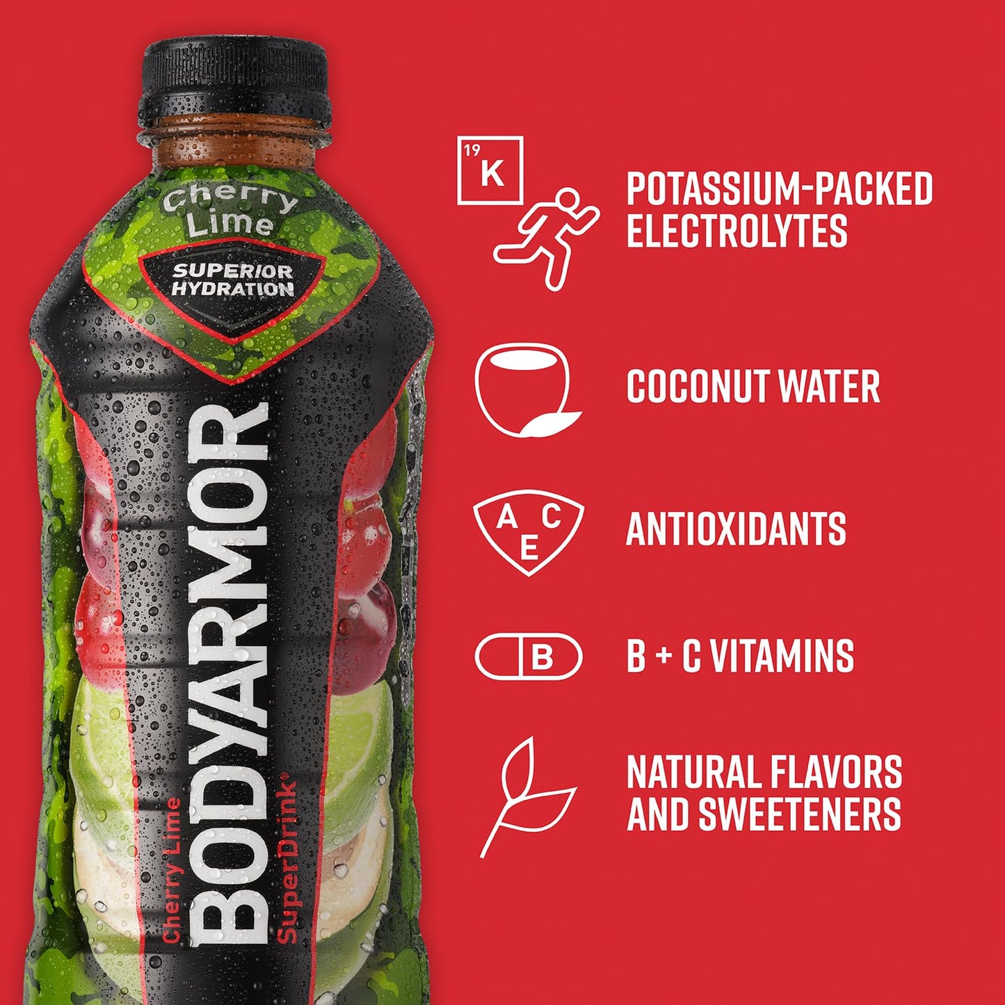 Bodyarmor Sports Drink Sports Beverage, Cherry Lime, Coconut Water Hydration, Natural Flavors With Vitamins, Potassium-Packed Electrolytes, Perfect For Athletes, 28 Fl Oz (Pack Of 12)