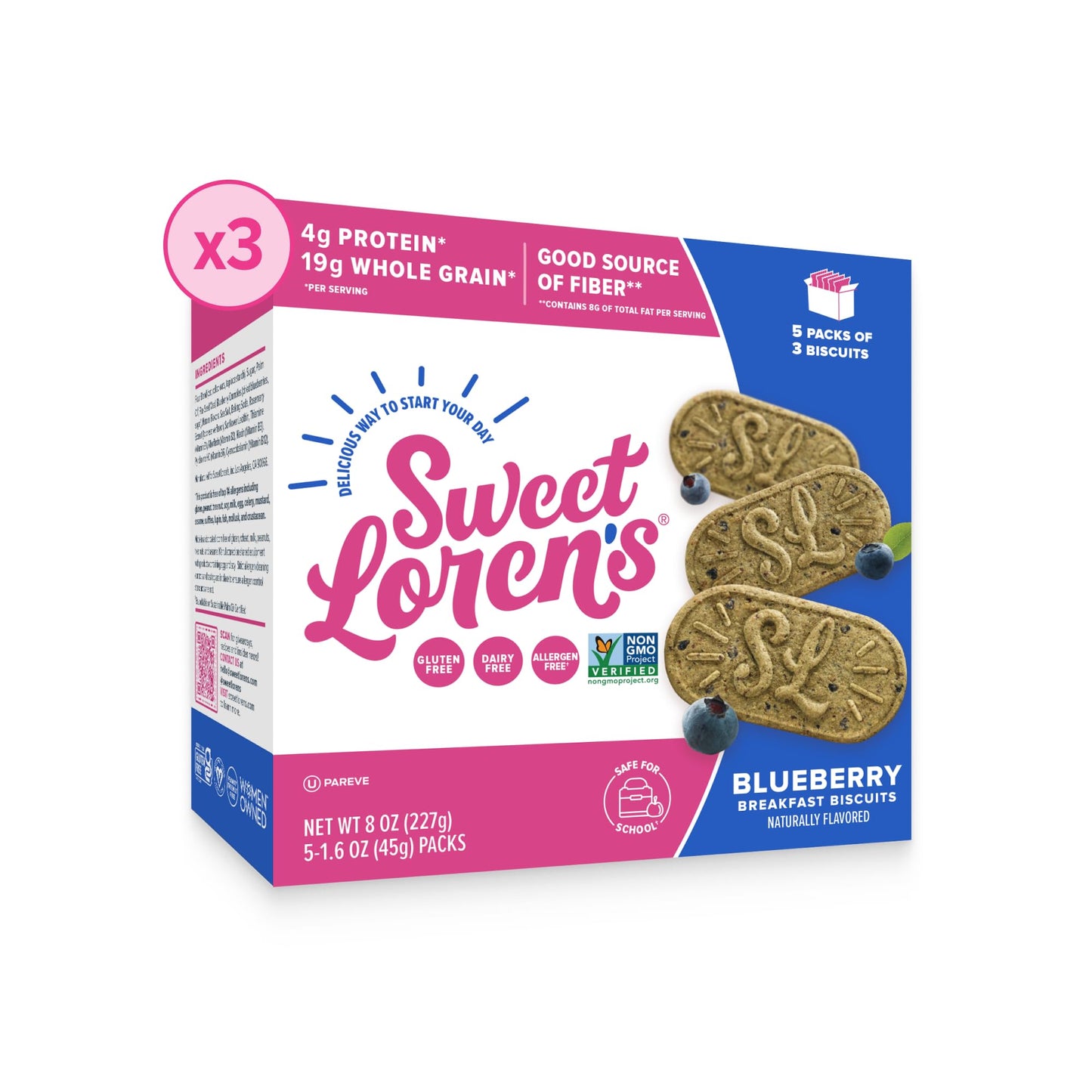 Sweet Lorens Vegan Breakfast Biscuits | Blueberry | 4g Protein  19g Whole Grains | Plant Based  Gluten Free  Dairy Free  Nut Free Snacks | 3 Pack (15 Total Biscuits  1.6 ounce each)