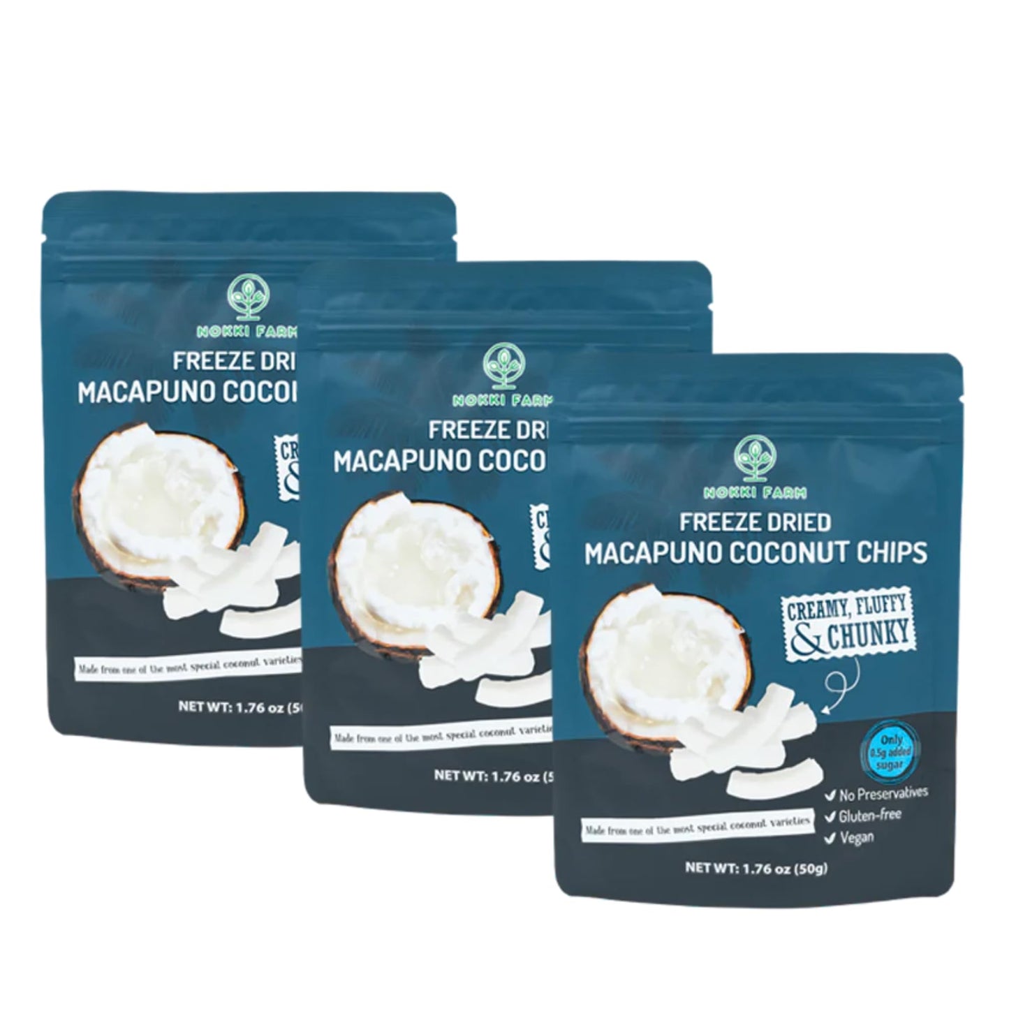 NOKKI FARM Freeze-dried Macapuno Coconut Chips, Vegan, Non-GMO, Pack of 3, 50g (1.76 Ounce)
