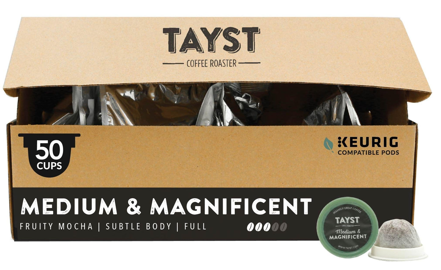 Tayst Coffee Pods, Medium Roast, K Cups Compatible, Sustainable, Pack of 50, Brown
