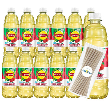 Lipton Diet Mixed Berry Green Tea 16.9 fl oz Plastic Bottle 12 Pack + 15 Sugarcane Disposable Straws by KOOL8SHOP Infinite Deals