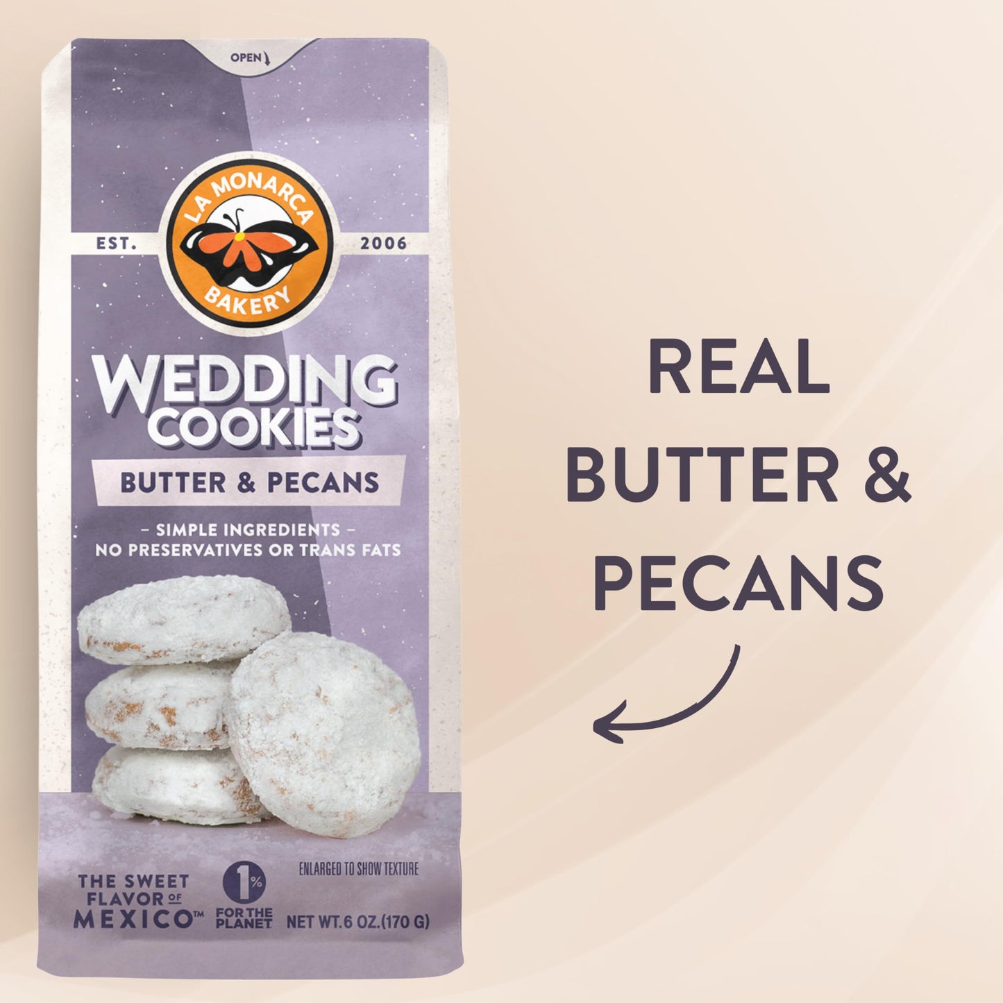 Mexican Wedding Cookies, 6 Ounce (Pack Of 3), Buttery Cookies With Pecans And Dusted With Powdered Sugar By La Monarca Bakery