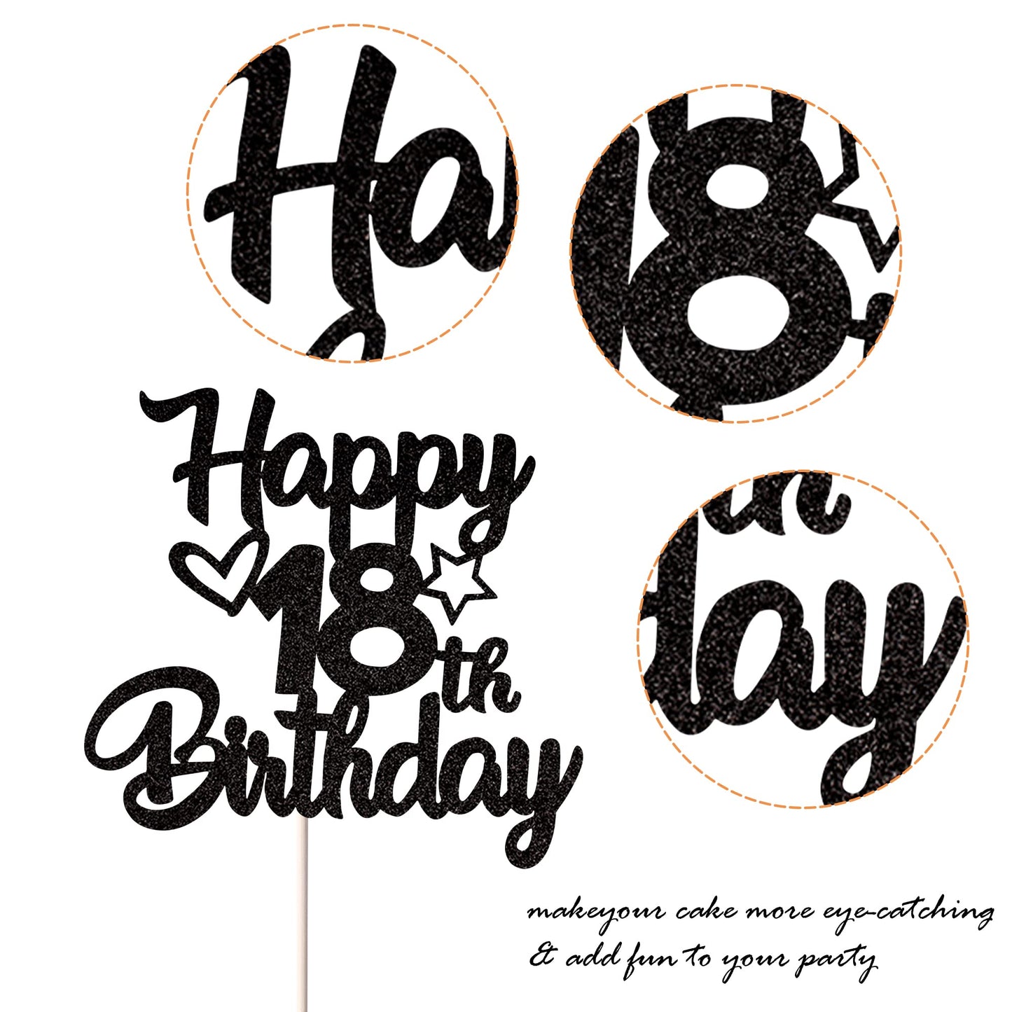 YCTHUNFISH 18th Birthday Cake Topper Glitter Heart Star Black Bamboo Decoration
