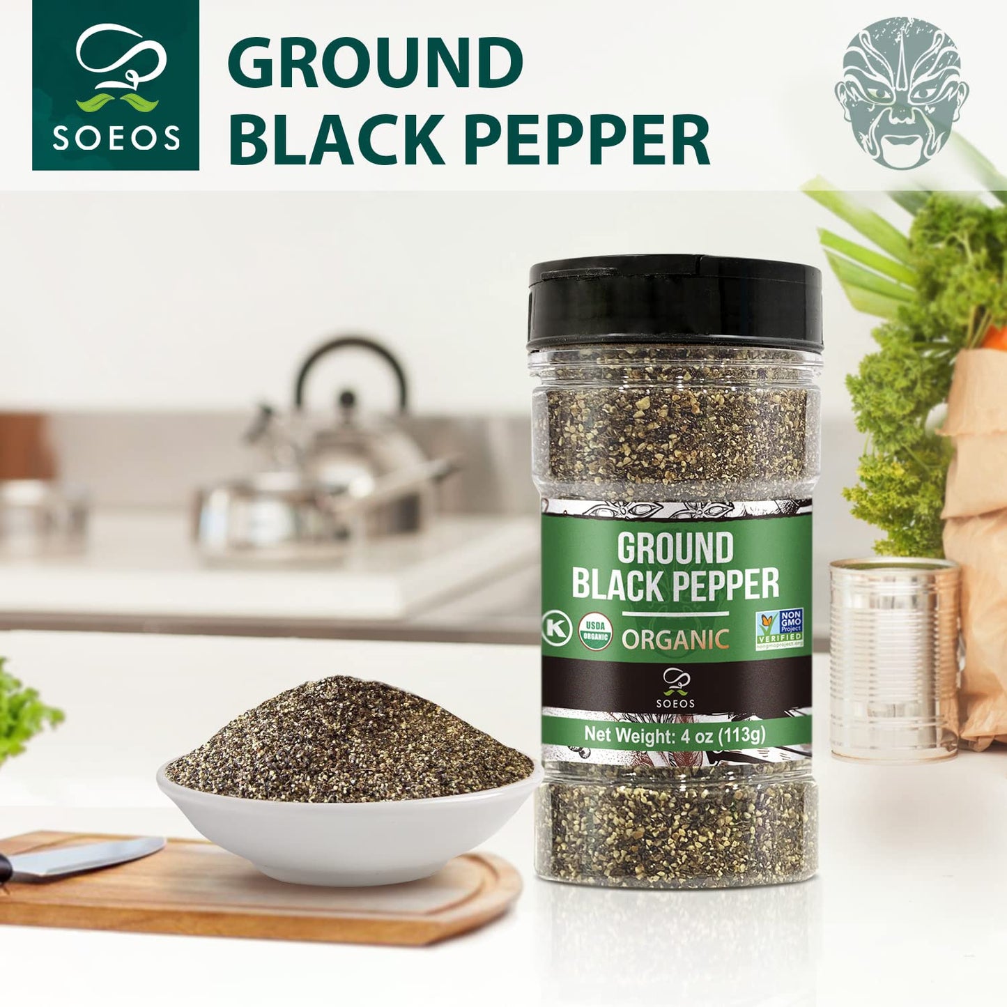 Soeos Organic Black Pepper Ground, Non-GMO, Freshly Peppercorn Powder Bulk, Packed to Keep Peppers Fresh, Ready to Use Peppercor
