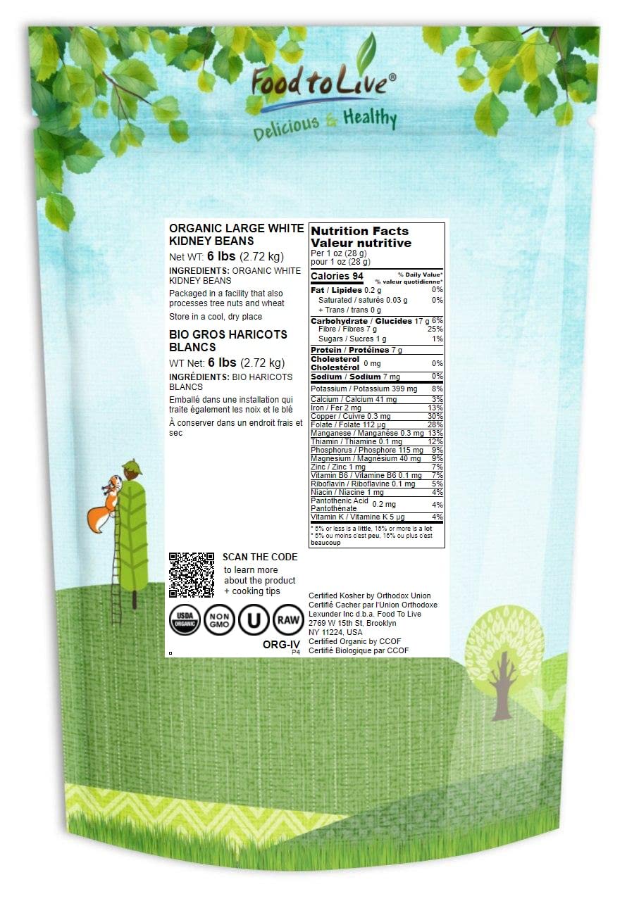 Food To Live Organic Large White Kidney Beans, 6 Pounds Whole Raw Dried Beans, Vegan, Kosher, Bulk. Rich In Dietary Fiber And Pr