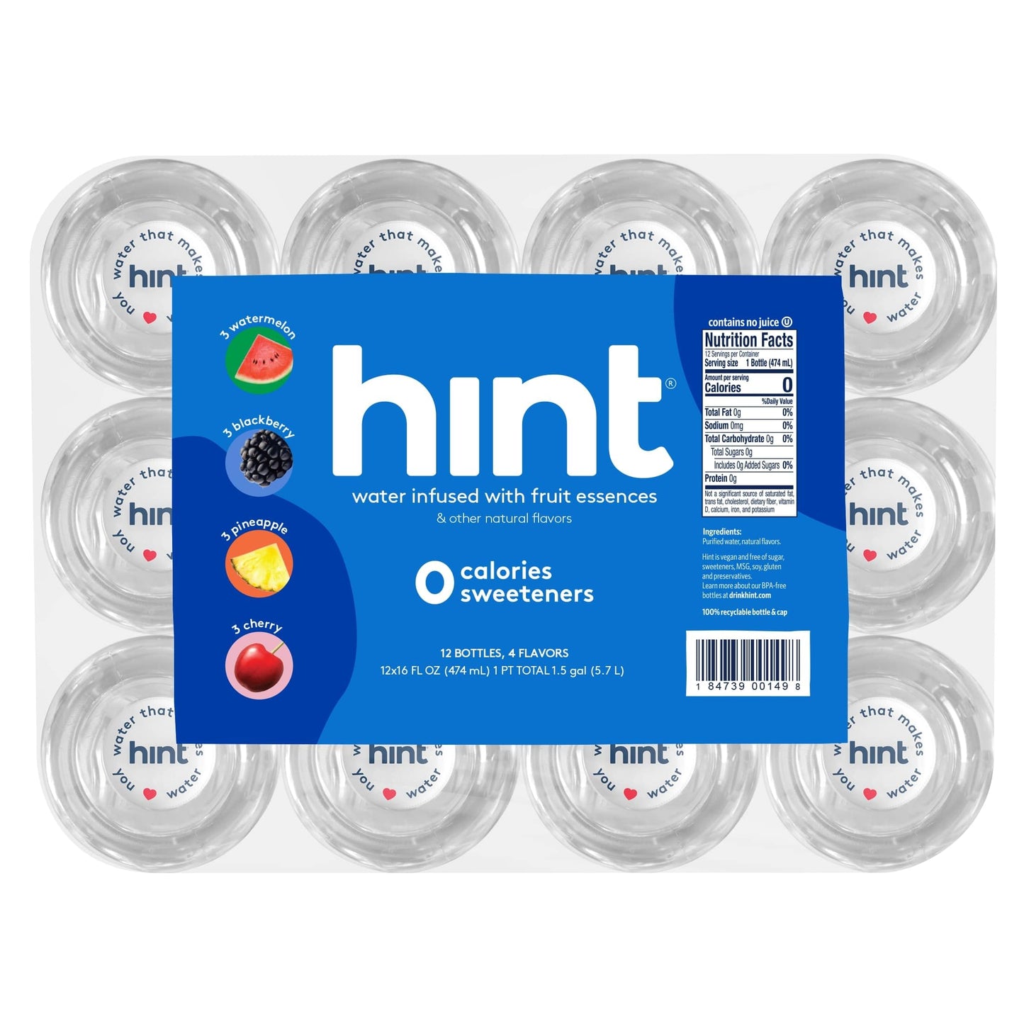 Hint Water Best Sellers Pack (Pack of 12), 16 Ounce Bottles, 3 Bottles Each of: Watermelon, Blackberry, Cherry, and Pineapple, Z