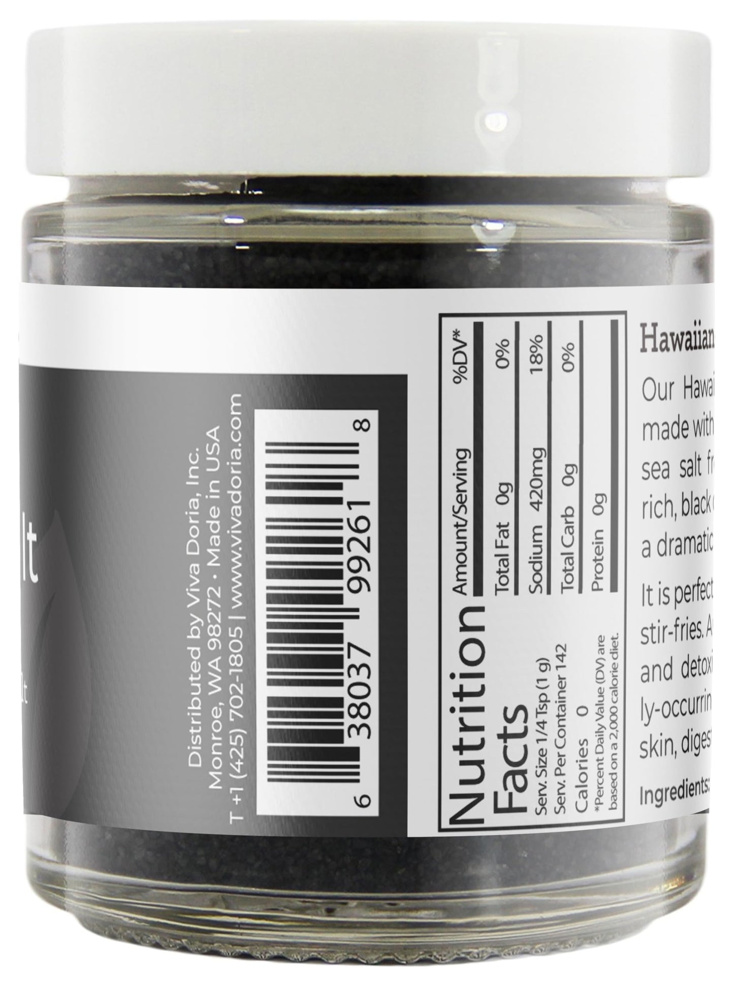Viva Doria Hawaiian Black Lava Sea Salt, Fine Grain, Lava Salt, 5 Oz Glass Jar