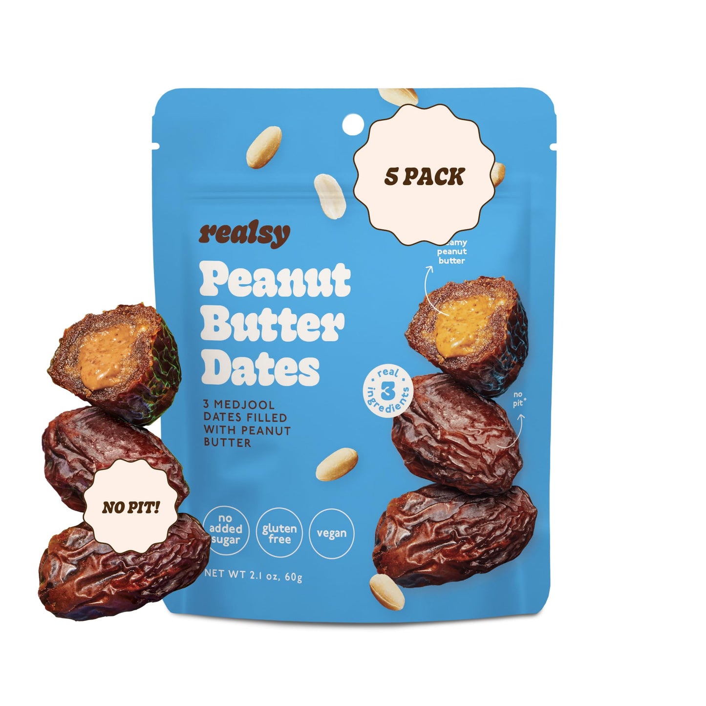 Realsy Organic Pitted & Stuffed Medjool Dates, Gluten-Free, Vegan, Peanut Butter 5 Pack