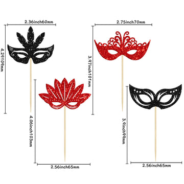 24Pcs Masquerade Masks Cupcake Toppers Black Red Glitter Mask Cupcake Picks For Masquerade Mardi Gras Party Baby Shower Birthday