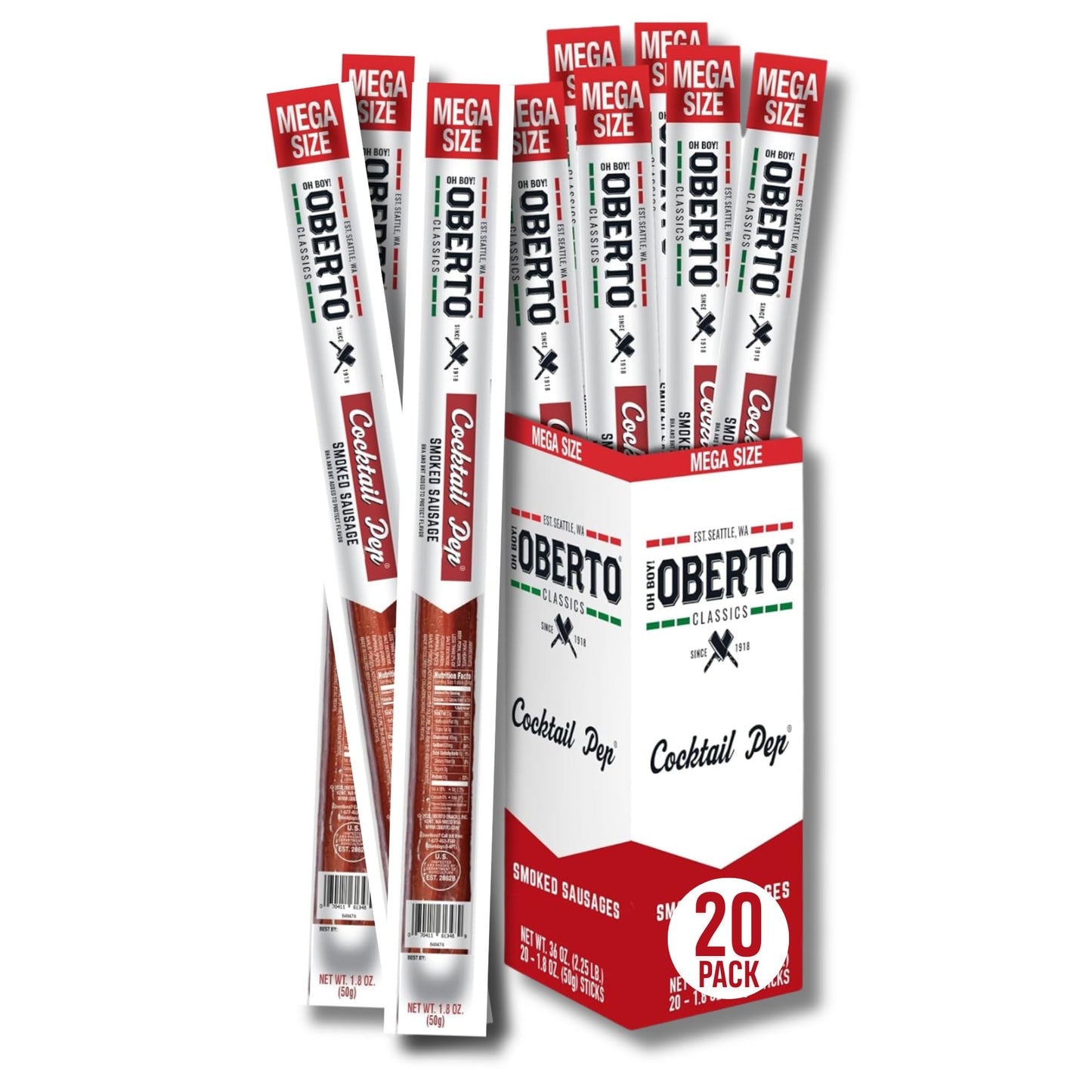 Oberto Classics Cocktail Pep Smoked Sausages, Mega Size, 1.8 Ounce, Pack of 20