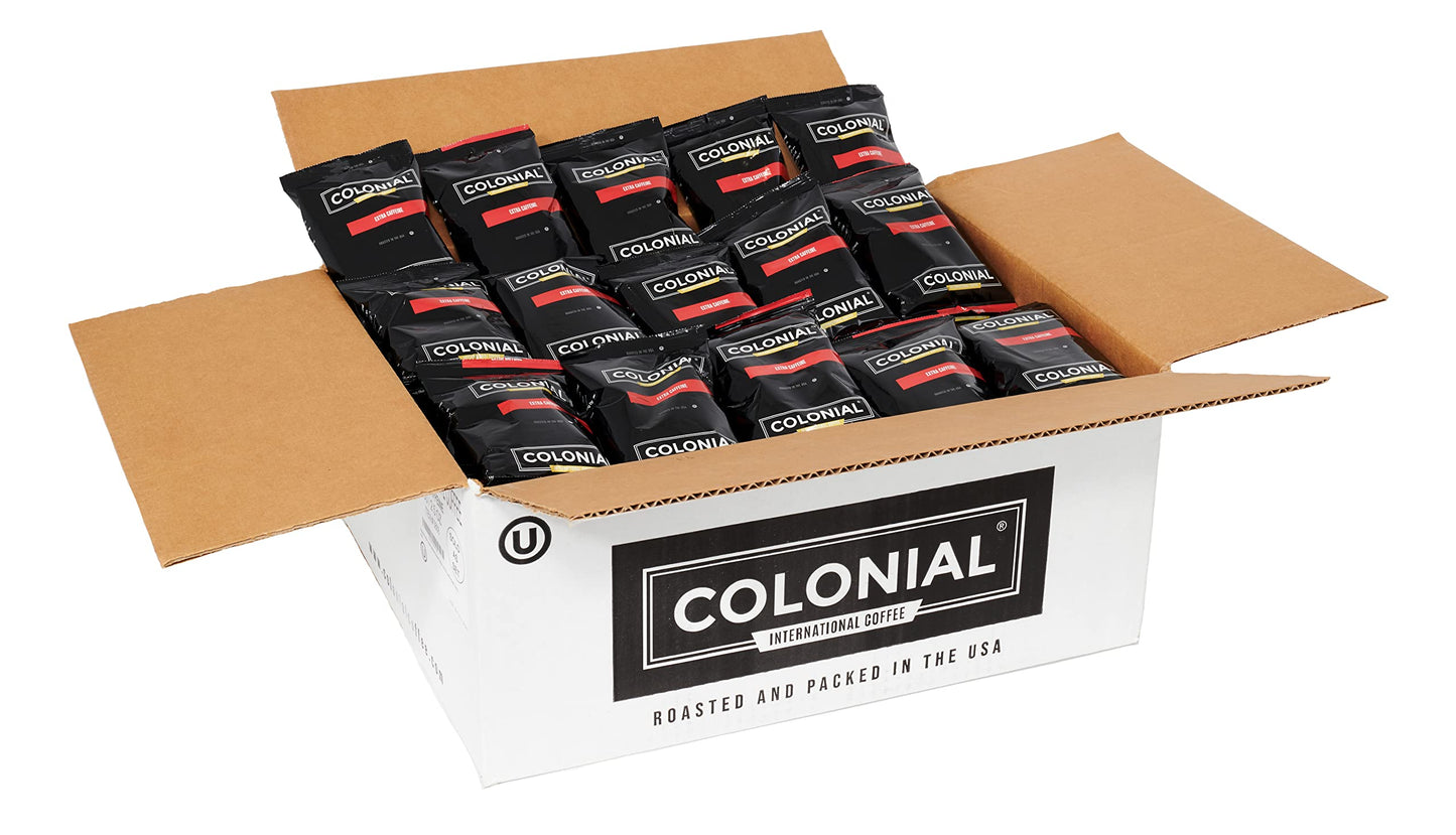 Colonial Coffee Packets  Pre Ground Coffee Packs  High Caffeine Blend  Medium - Dark Roast  Bulk Single Pot Bags for Drip Coffee Makers  (2.5 oz Bags  Pack of 100)