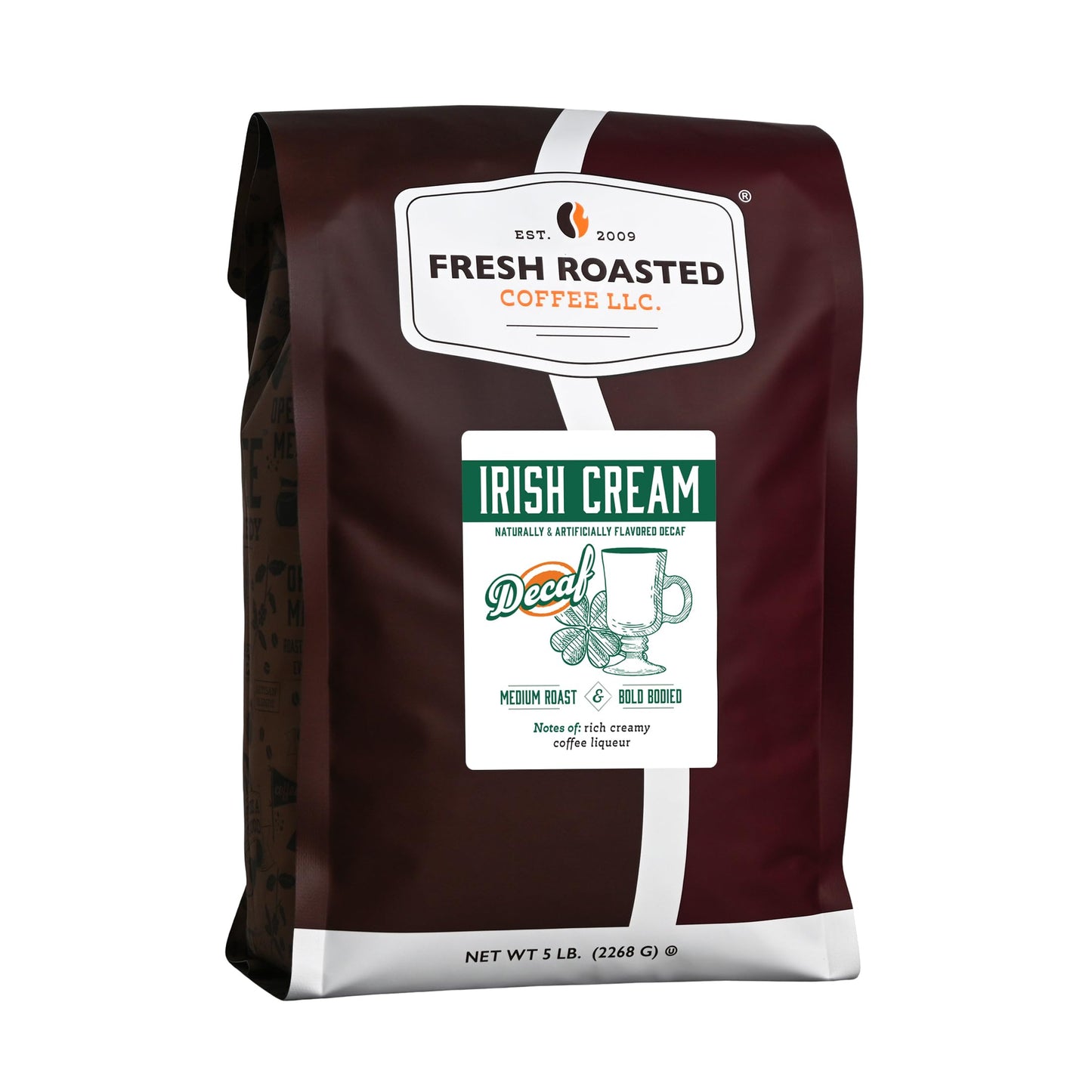 Fresh Roasted Coffee Decaf Irish Cream Flavored Whole Bean, Medium Roast, 5 lb (80 oz)