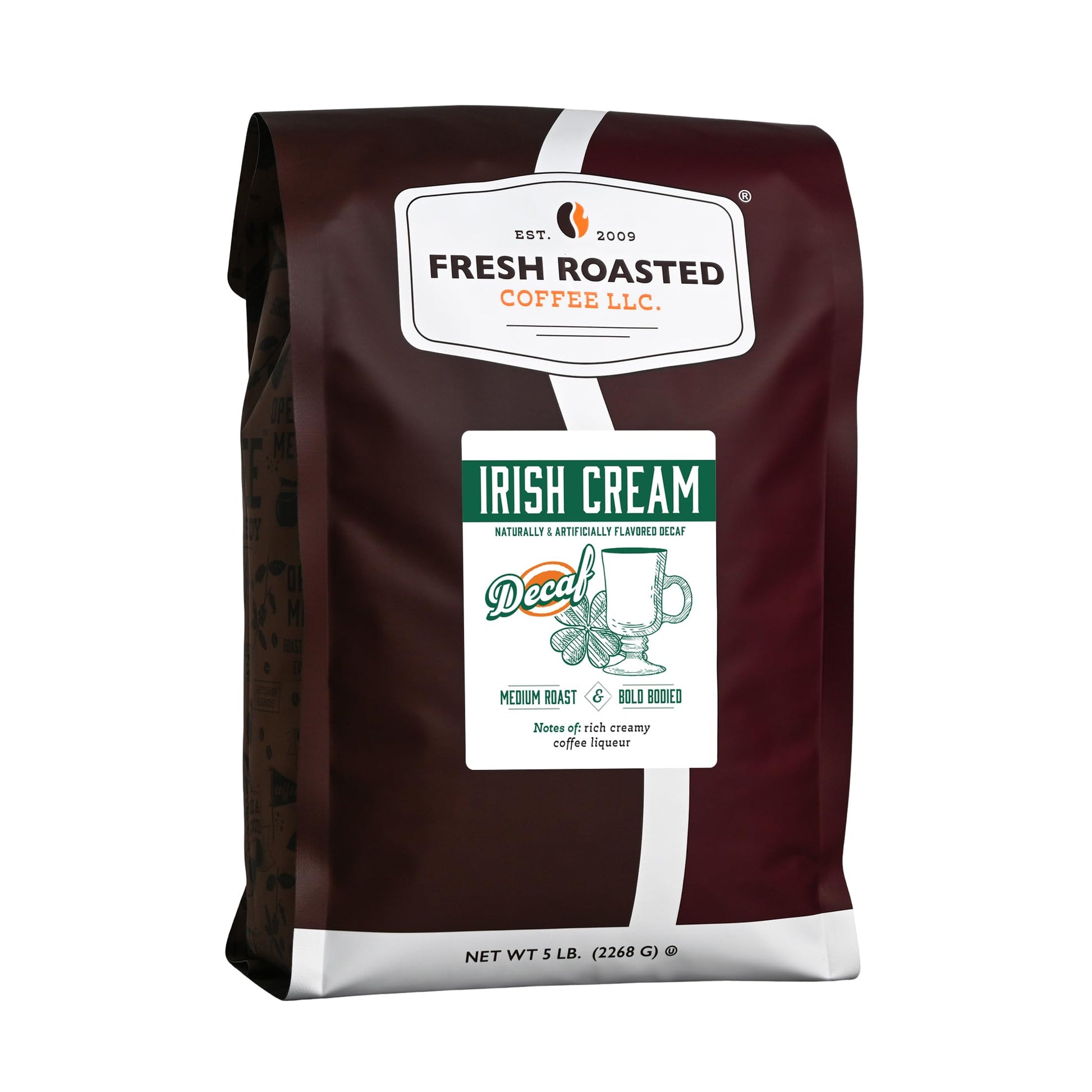 Fresh Roasted Coffee Decaf Irish Cream Flavored Whole Bean, Medium Roast, 5 lb (80 oz)