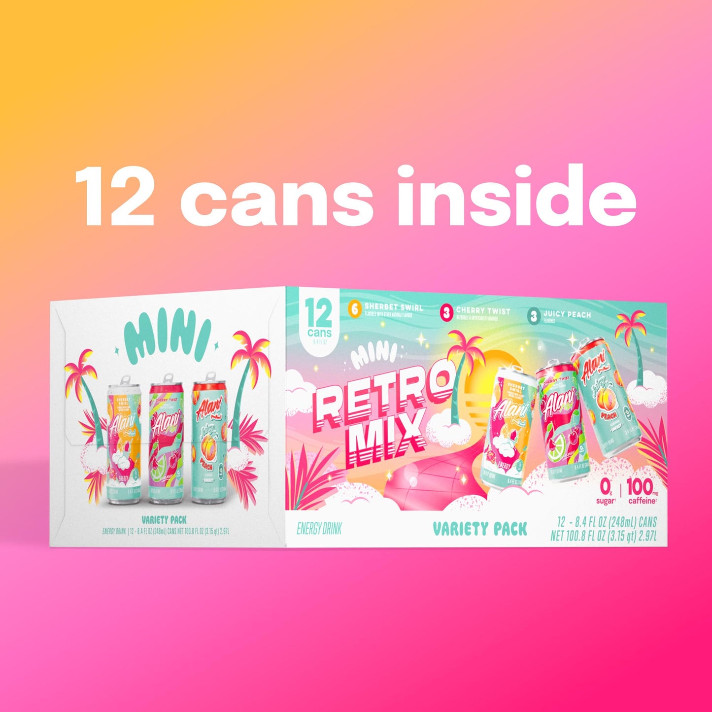 Alani Nu RETRO VARIETY PACK (Sherbet Swirl  Juicy Peach and Cherry Twist)  Low Calorie Energy Drinks  100mg Caffeine  Biotin  B Vitamins  Zero Sugar  10 Calories or Less  8 Fl Oz Cans  12 Pack