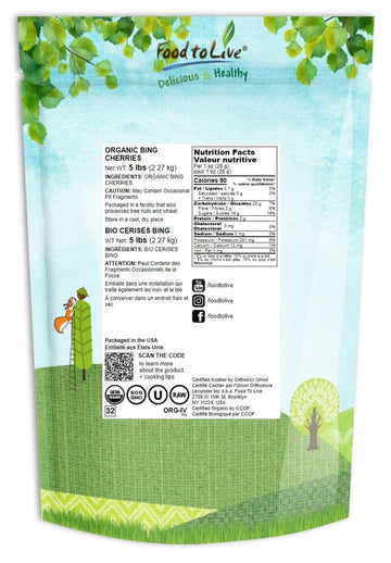 Food To Live Organic Bing Cherries, 5 Pounds California Sun-Dried Sour, Non-Gmo, Pitted, Tart, Unsweetened, Unsulfured, Non-Infu