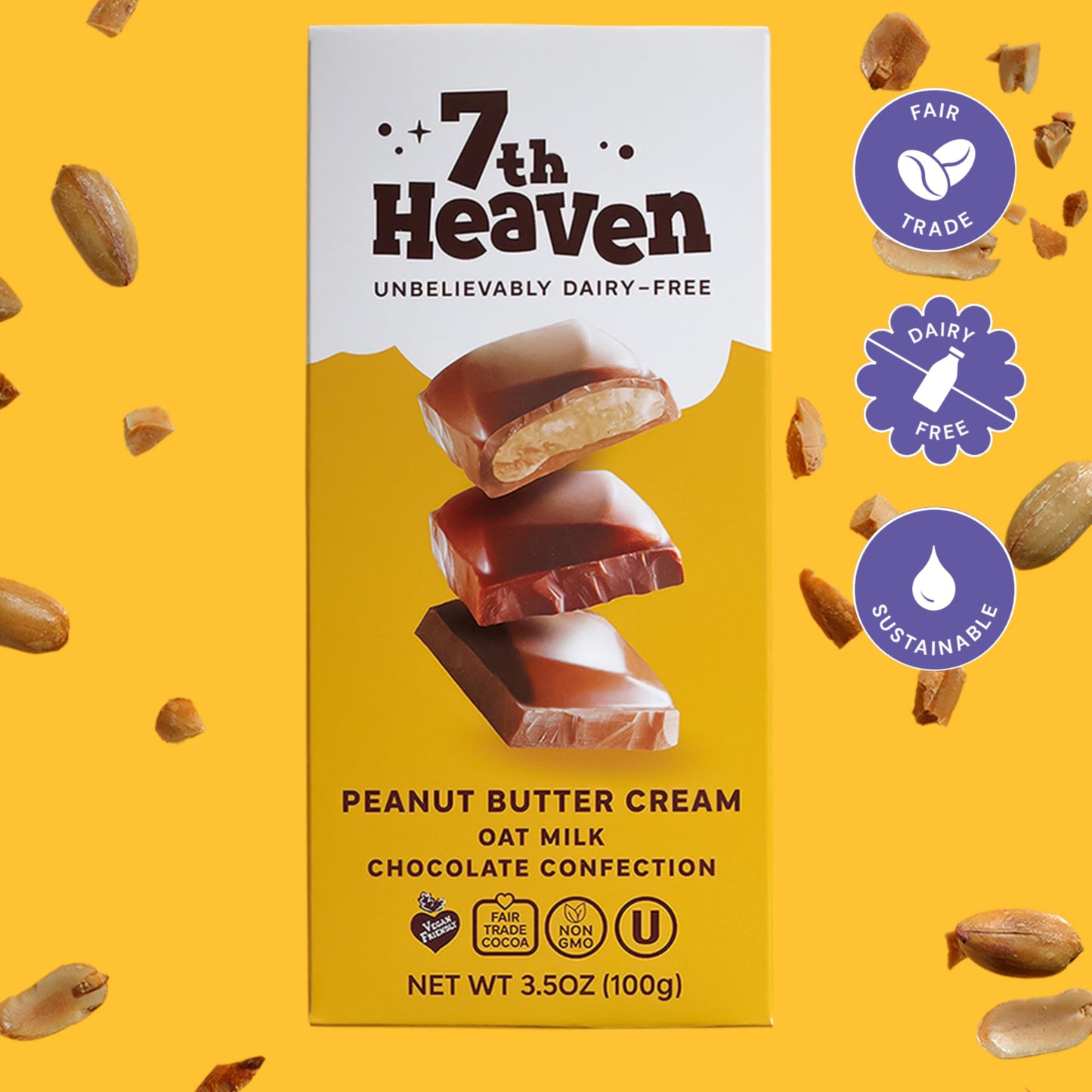 7Th Heaven Vegan Peanut Butter Cream Oat Milk Chocolate Bar, Plant Based Dairy Free Chocolate With Peanut Butter Filling, Fair T