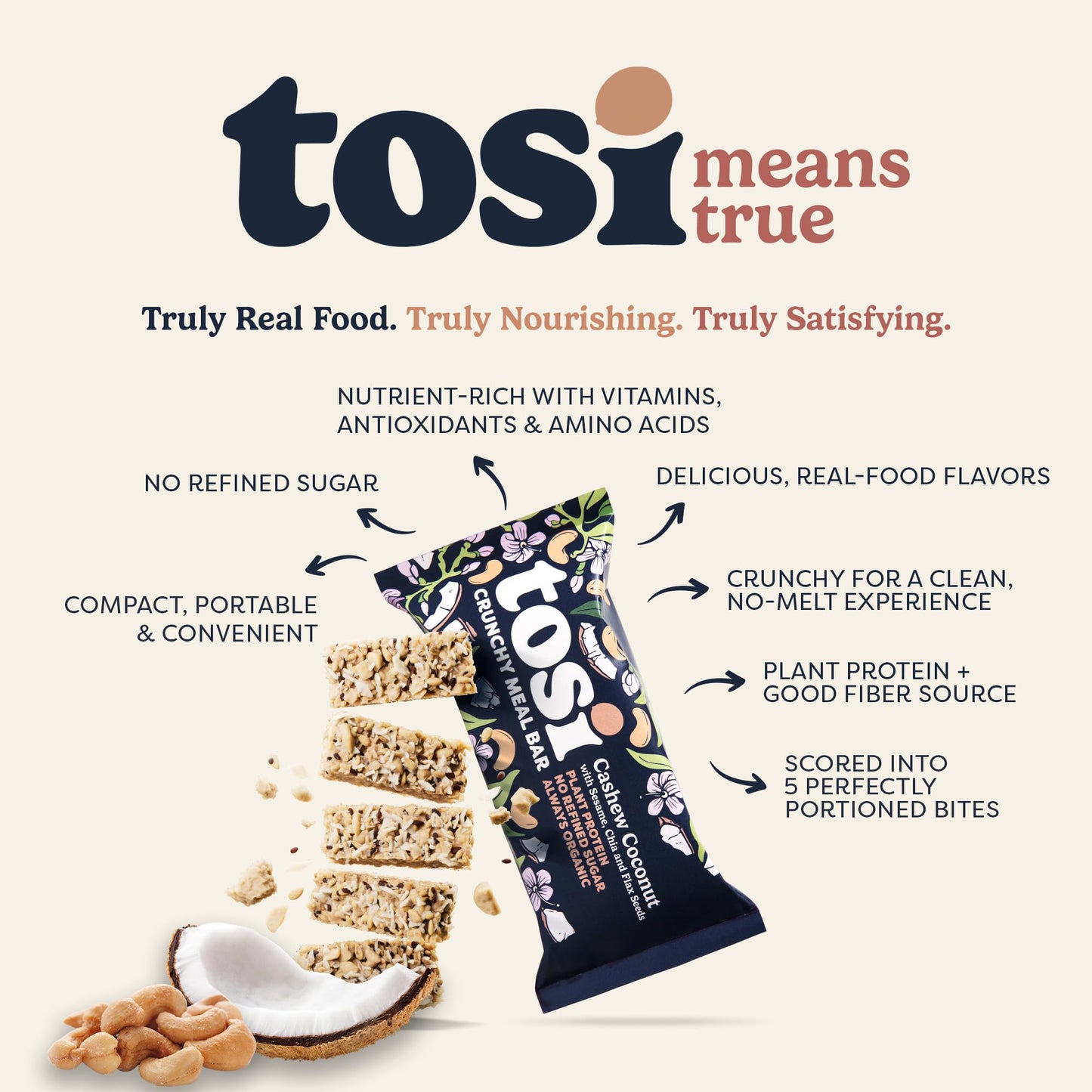 Tosi Meal Bars - Cashew Coconut, Vegan Snack Bars, 14g Protein, 12 Count, Organic, Gluten Free