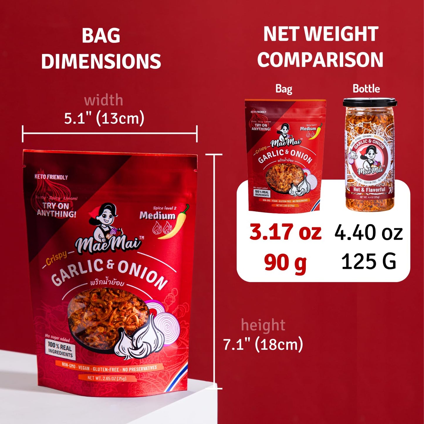 Maemai Medium Spice (Spicy) - Crispy Onions & Garlic Flakes - Crunchy All-Purpose Seasoning, Keto, Salad Toppings, Fried Onions - Ramen, Rice Seasoning, Vegan, Gluten-Free | 3.17Oz (90G)