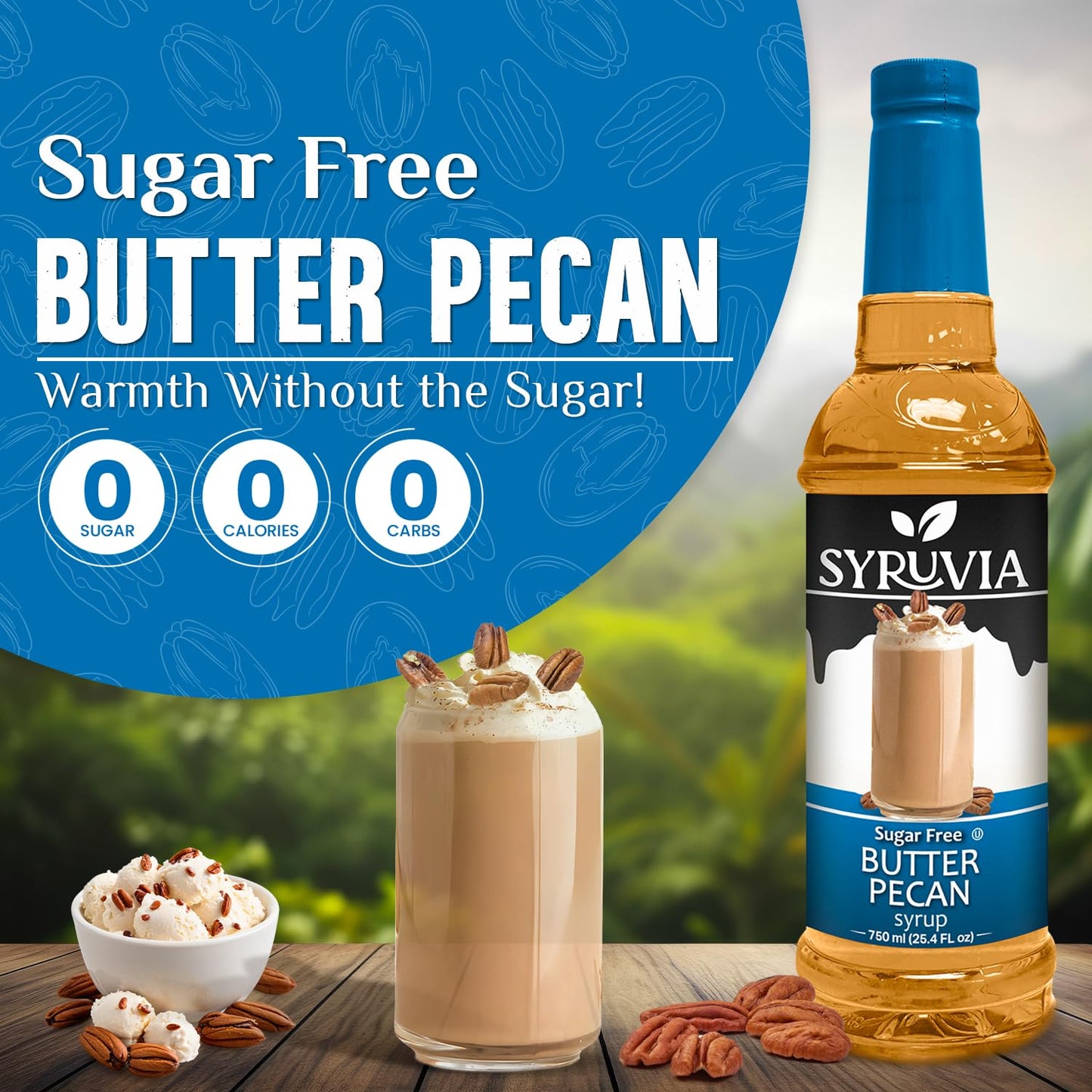 SYRUVIA Sugar Free Coffee Syrup, Butter Pecan Flavor, 25.4 Fl Oz with Pump