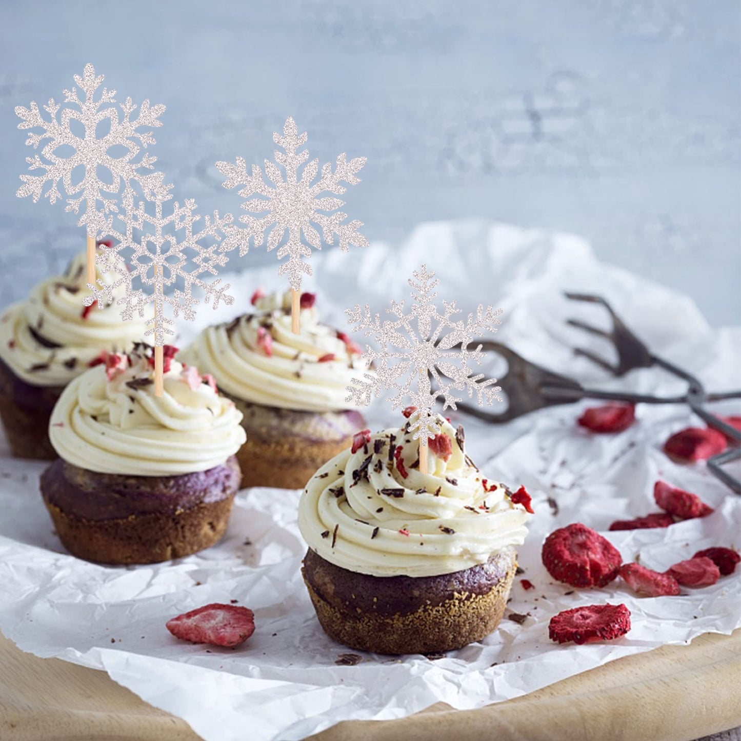 24 Pcs Snowflake Cupcake Toppers Glitter Winter Theme Snowflake Cupcake Picks Baby Shower Kids Birthday Christmas Party Cake Dec