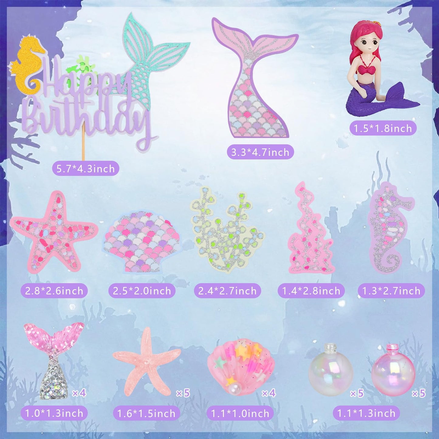 Lukinuo Mermaid Cake Toppers For Girl 30Pcs Little Mermaid Figurine Under The Sea Ocean Cake Decor Seaweed Bubble Starfish Shell