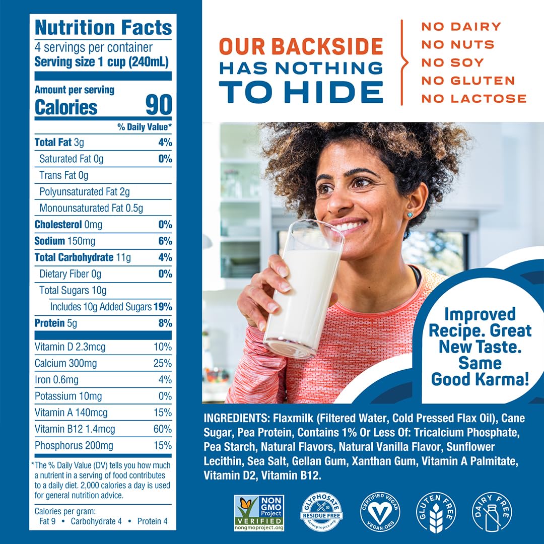 Good Karma Vanilla Flaxmilk +Protein, 32 Ounce (Pack of 6), 5g Plant Protein + 1200mg Omega-3 Per Serving, Plant-Based Non-Dairy