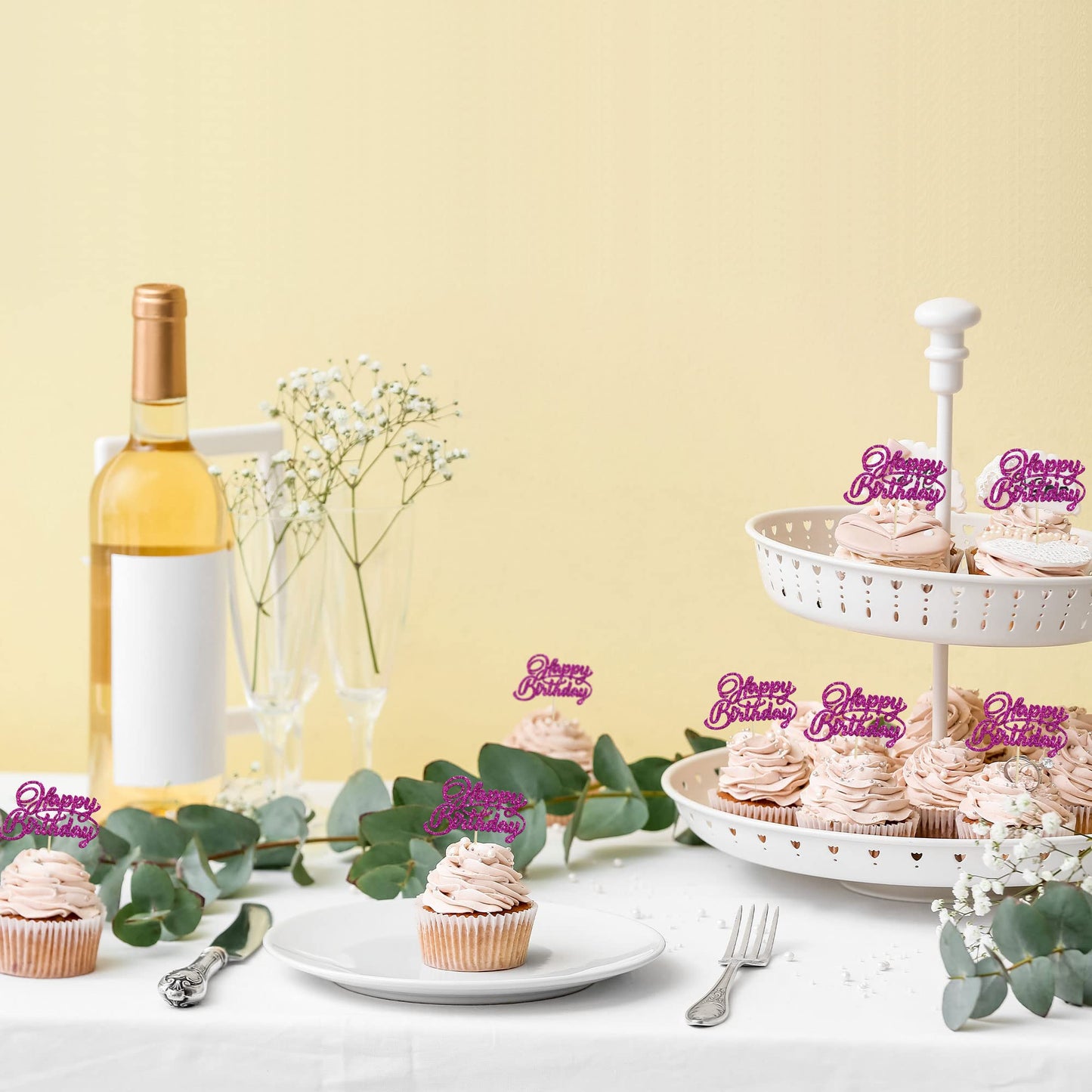 24Pcs Happy Birthday Cupcake Toppers Purple Glitter Birthday Cupcake Food Picks For Celebrating Happy Birthday Party Cake Decora