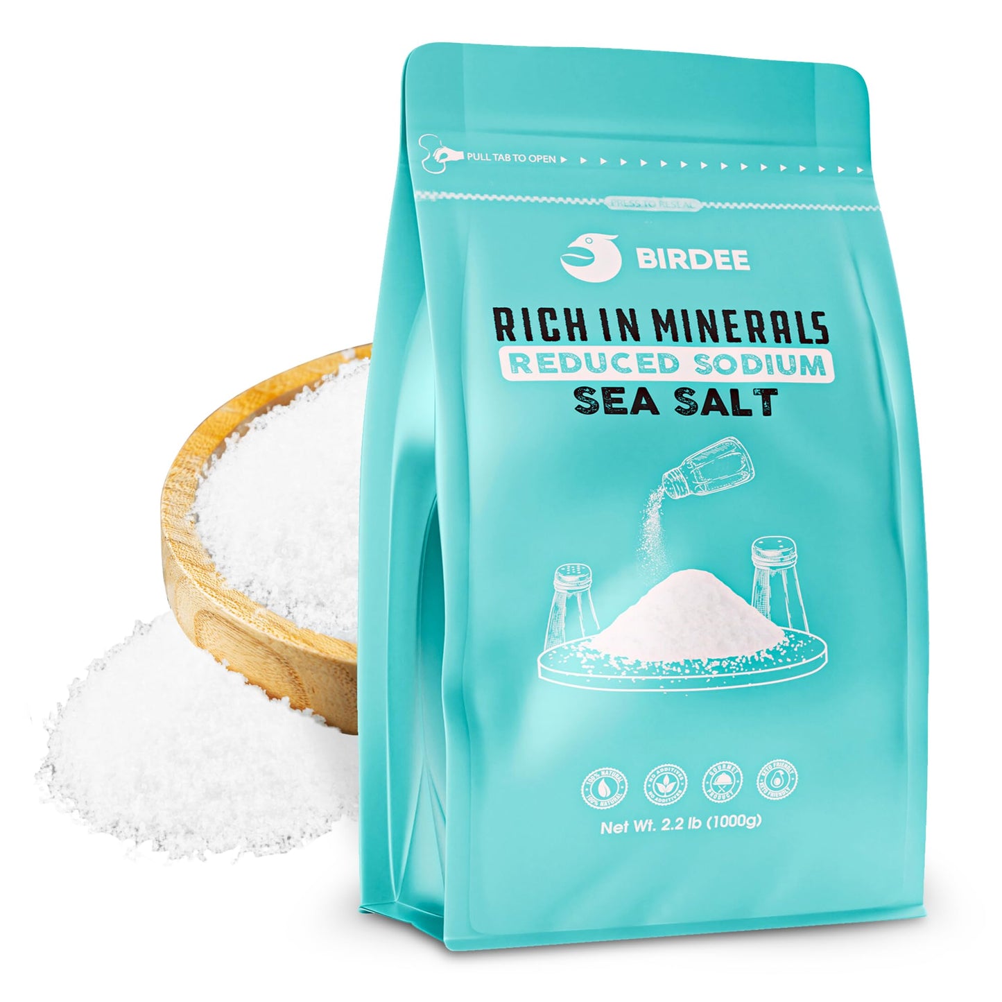 Birdee Baja Sea Salt - 35.2 oz., Unrefined Baja Mineral Sea Salt, Fine Grain High Mineral Sea Salt, 82 Minerals Fine Grain, Natu