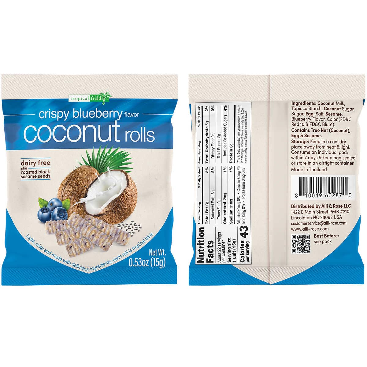 Tropical Fields Crispy Coconut Rolls - Dairy Free with Roasted Sesame Seeds, Mango & Blueberry Flavors, Perfect Snack Treat