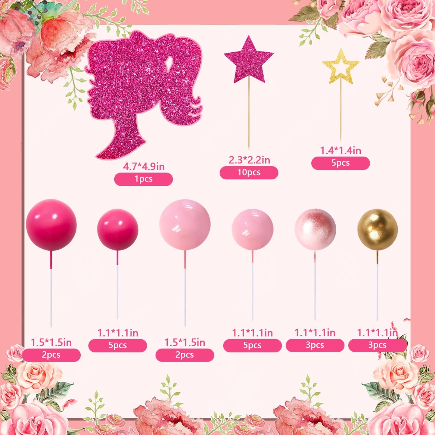 Memovan Hot Pink Girl Cake Toppers 36Pcs Ball Cake Decorations With Hot Pink Gold Balls Shiny Stars For Boho Girl Hot Pink Princ