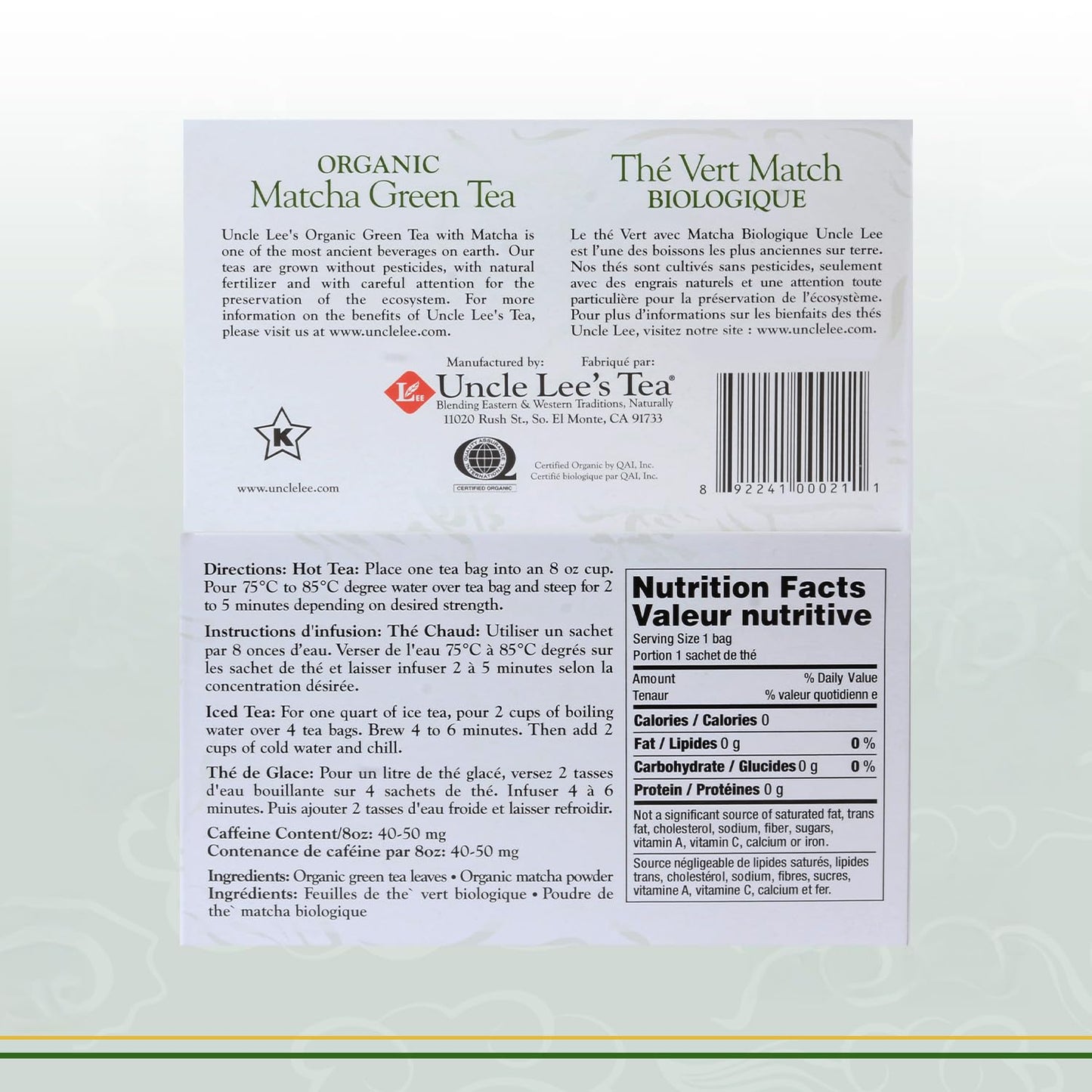 Uncle Lees Tea Organic Matcha Green Tea, 40 Tea Bags, High in Catechin, Rich in Antioxidants