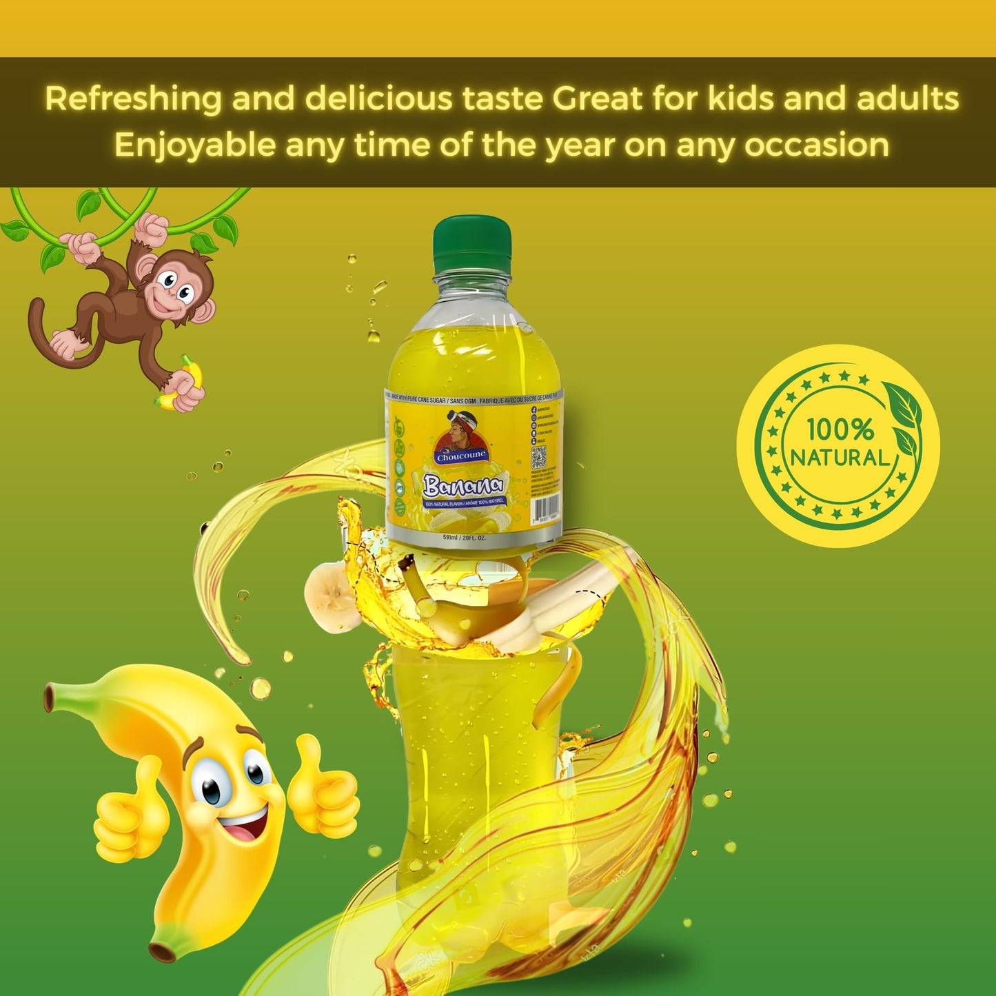 Choucoune Kola Banana Flavour Soda - 100% Natural, Non-GMO, 40 Calories - 20 Fl Oz (Pack of 12)