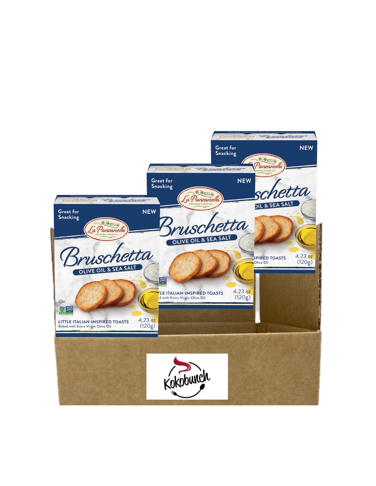 KOKOBUNCH All Natural Bruschetta Toast Crackers Vegan Chips 4.23oz 3-Pack Olive Oil & Sea Salt