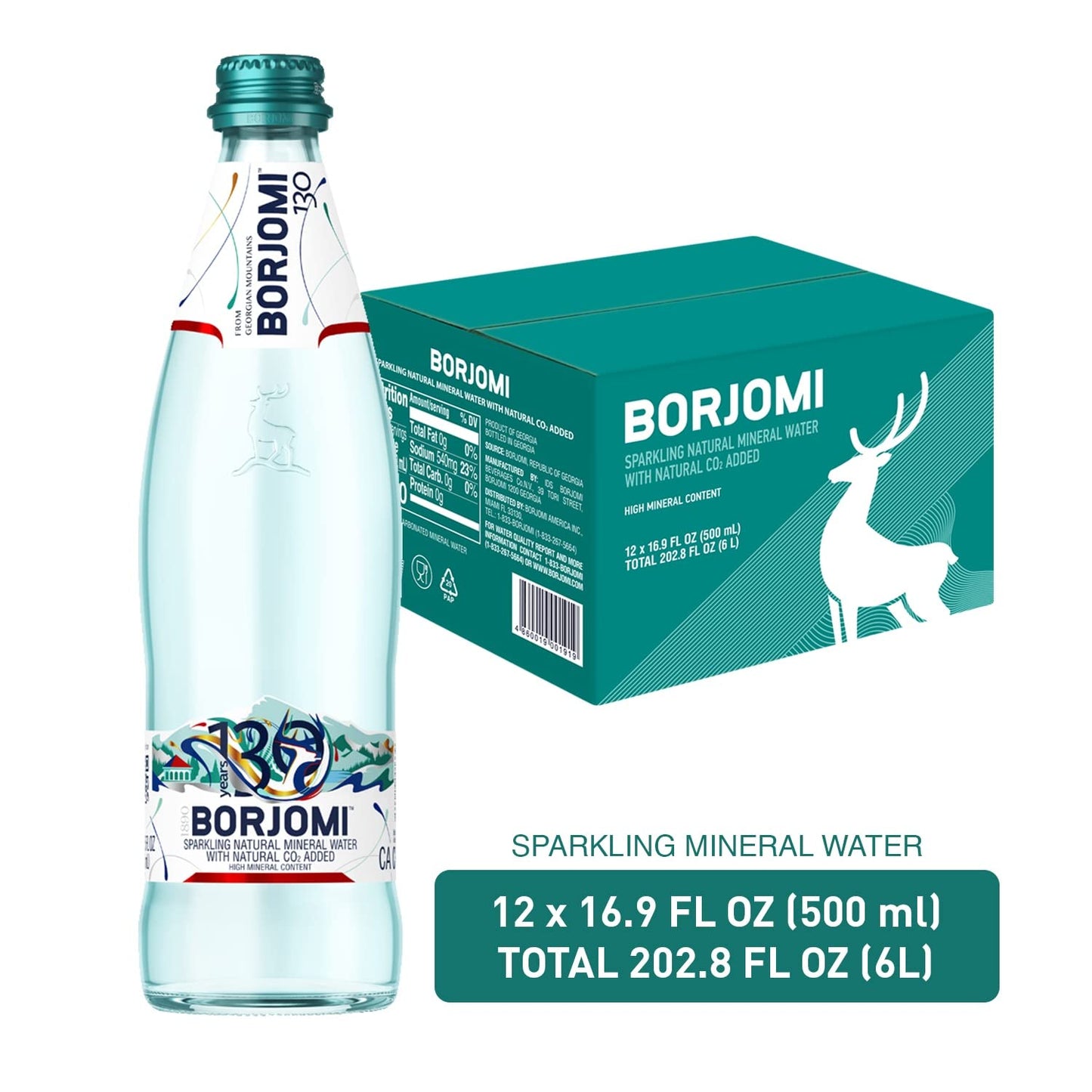 BORJOMI Sparkling Natural Mineral Water, 16.9 fl oz (Pack of 12), Glass