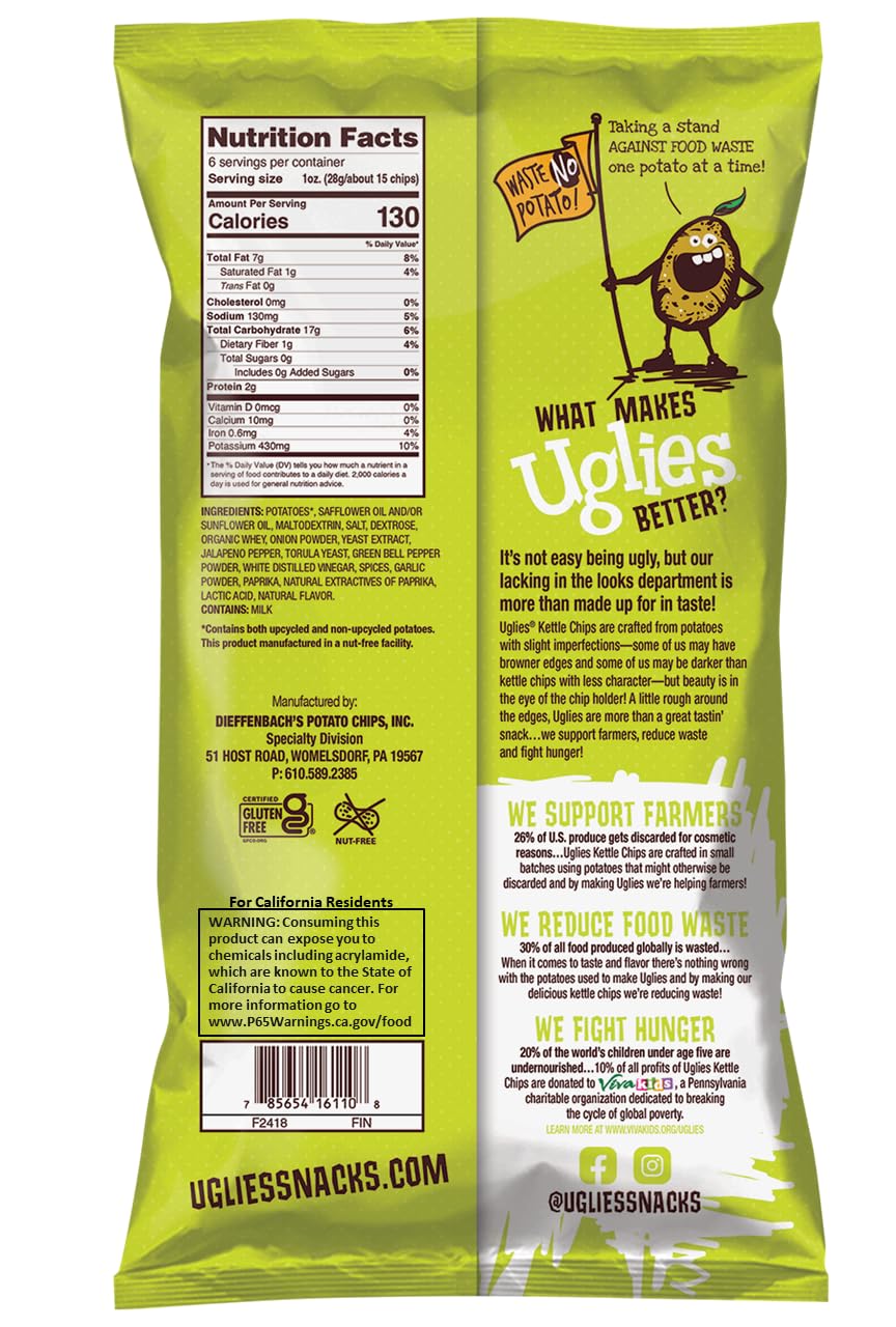 Uglies Kettle Cooked Jalapeño Potato Chips - Gluten Free, Kosher, Non-GMO - 6oz Bags, 4 Pack