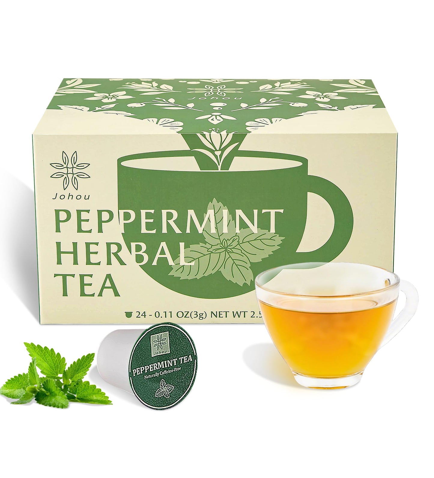 Johou Peppermint Herbal Tea Pods  Specially Ground Pure Herb  Full-Flavor  Compatible With All K-Cup Beverage Makers & Keurig 2.0  24 Pods  Energy Blend Free Sleep Time Tea  Made In Taiwan