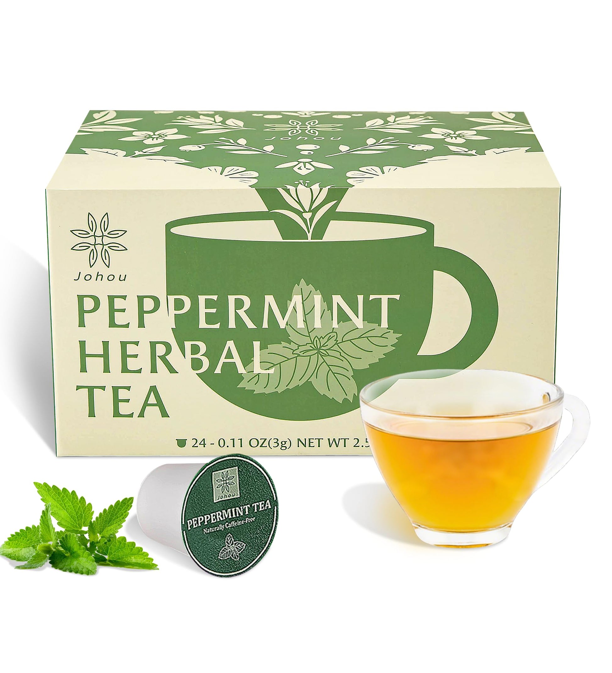 Johou Peppermint Herbal Tea Pods  Specially Ground Pure Herb  Full-Flavor  Compatible With All K-Cup Beverage Makers & Keurig 2.0  24 Pods  Energy Blend Free Sleep Time Tea  Made In Taiwan