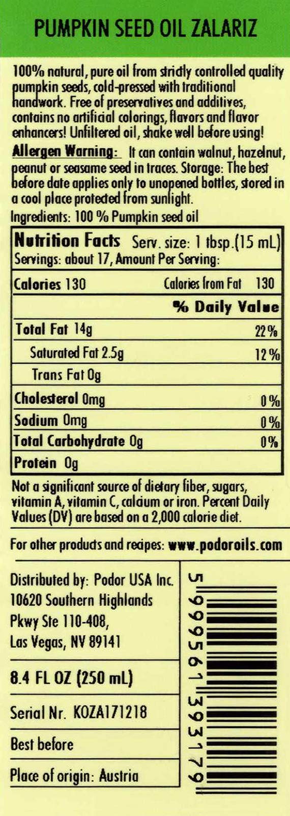 PÖDÖR Pumpkin Seed Oil - Cold-Pressed, 100% Natural, Vegan - 8.4 fl. oz - Glass Bottle