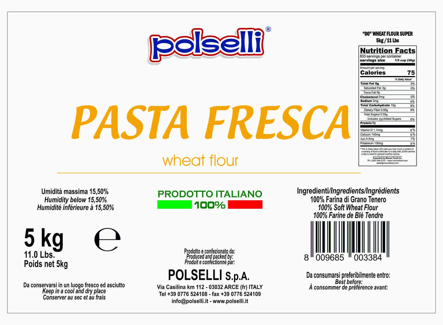 Fresh Pasta Flour, 100% Soft Wheat, 5 Kg (11 Lbs) Tipo 00, Bread Machine Or Handmade Pasta, For Bread, Gnocchi, Product Of Italy