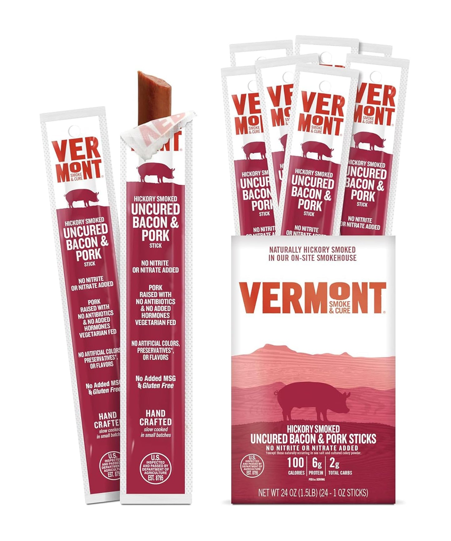 Vermont Smoke & Cure Hickory Smoked Uncured Bacon Sticks, 1oz, 24 Count – Portable Meat Snack for Adults & Kids