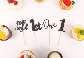 24Pack First Birthday Cupcake Topper - Glitter Black One Cupcake Picks,1St Birthday Cupcake Decorations Supplies (Black)