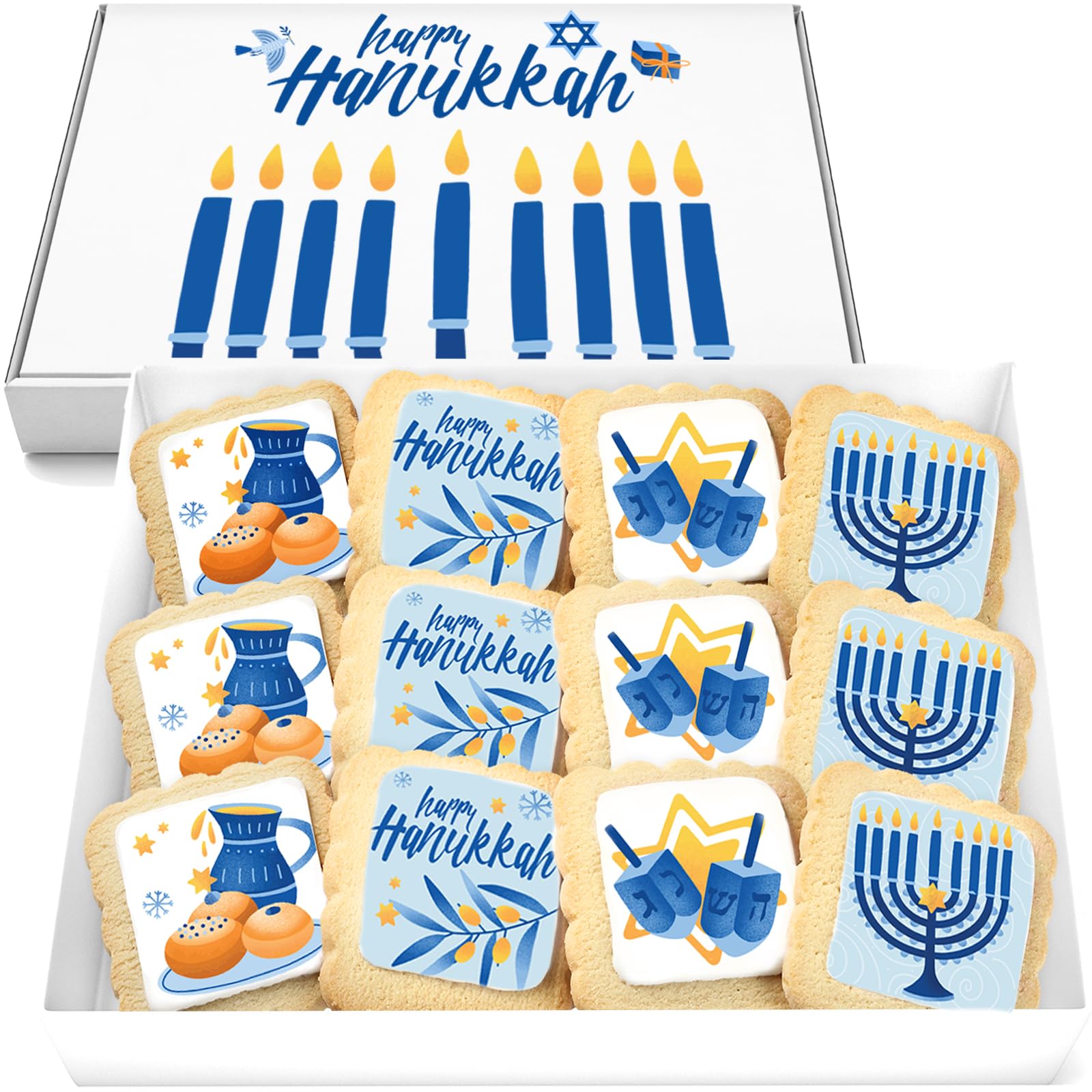 Happy Hanukkah Cookies Gift Basket Kosher For Men Women Kids | Jewish Holiday Gourmet Corporate Food Gift Individually Wrapped | 12 Decorated Sugar Cookies Menorah Donuts Dreidels