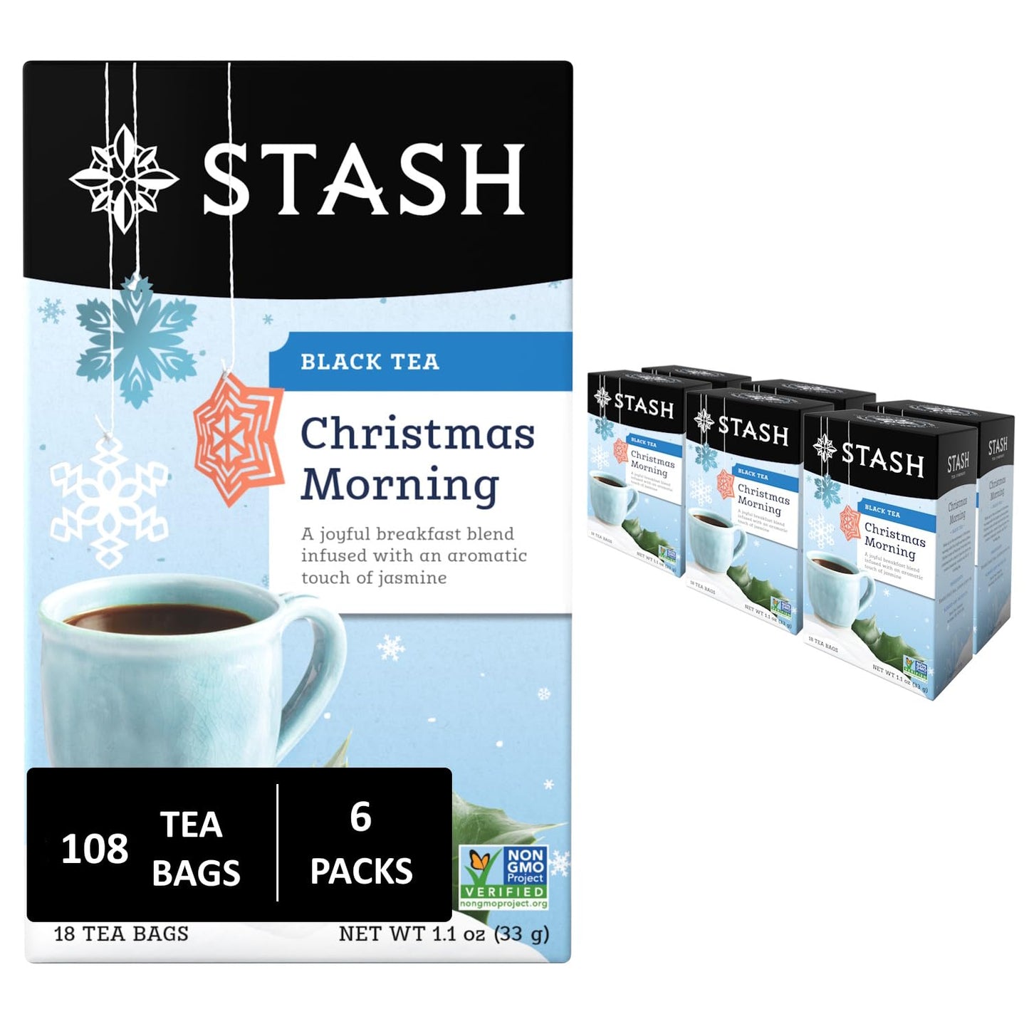 Stash Tea Christmas Morning Black Tea - Caffeinated, Non-GMO, 18 Count (Pack of 6) - 108 Bags Total