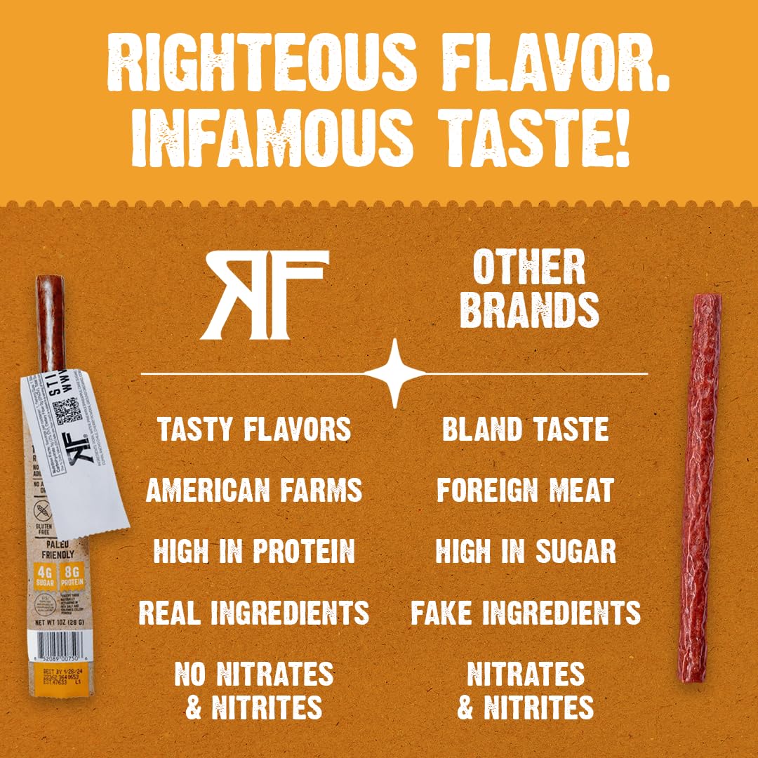 Righteous Felon Meat Sticks | 100% Pork Sticks | Gluten Free & Keto Meat Sticks | Low Sugar & High Protein Pork Sticks | Healthy