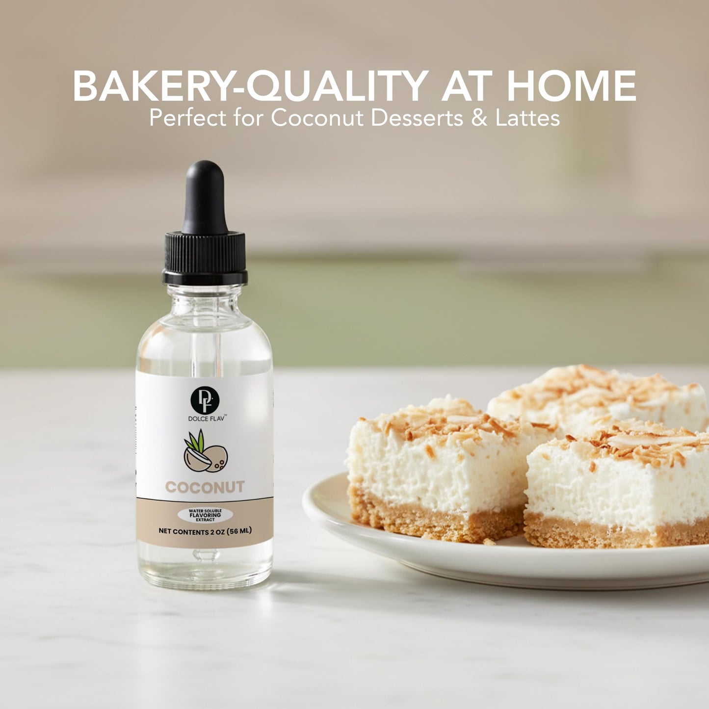 Dolce Flav Natural Coconut Extract – 2 Ounce Water-Soluble Kosher, Sugar-Free, Concentrated Tropical Coconut Flavoring For Baking, Beverages & Desserts, Includes Measured Dropper