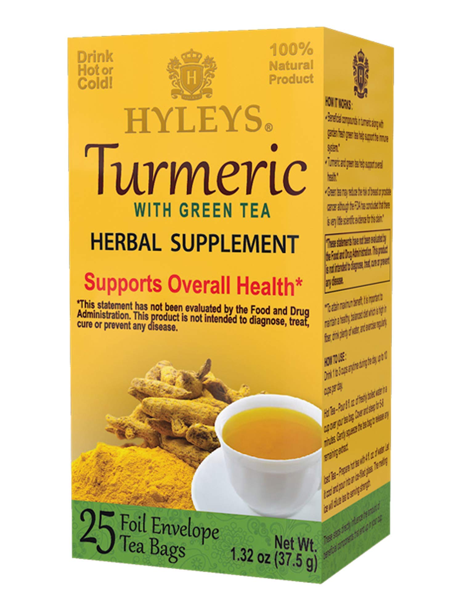 Hyleys Wellness Turmeric With Green Tea - 25 Tea Bags (100% Natural, Sugar Free, Gluten Free And Non-Gmo)