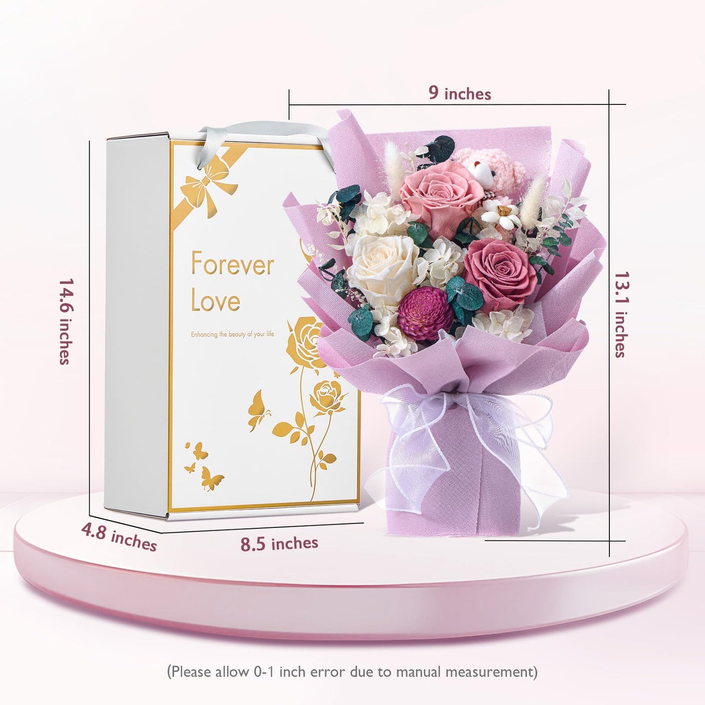 Polylove Forever Flower Bouquet Purple Flower Bouquet Preserved Roses With Bear Gift Box For Wife Mother Valentines Day Mothers