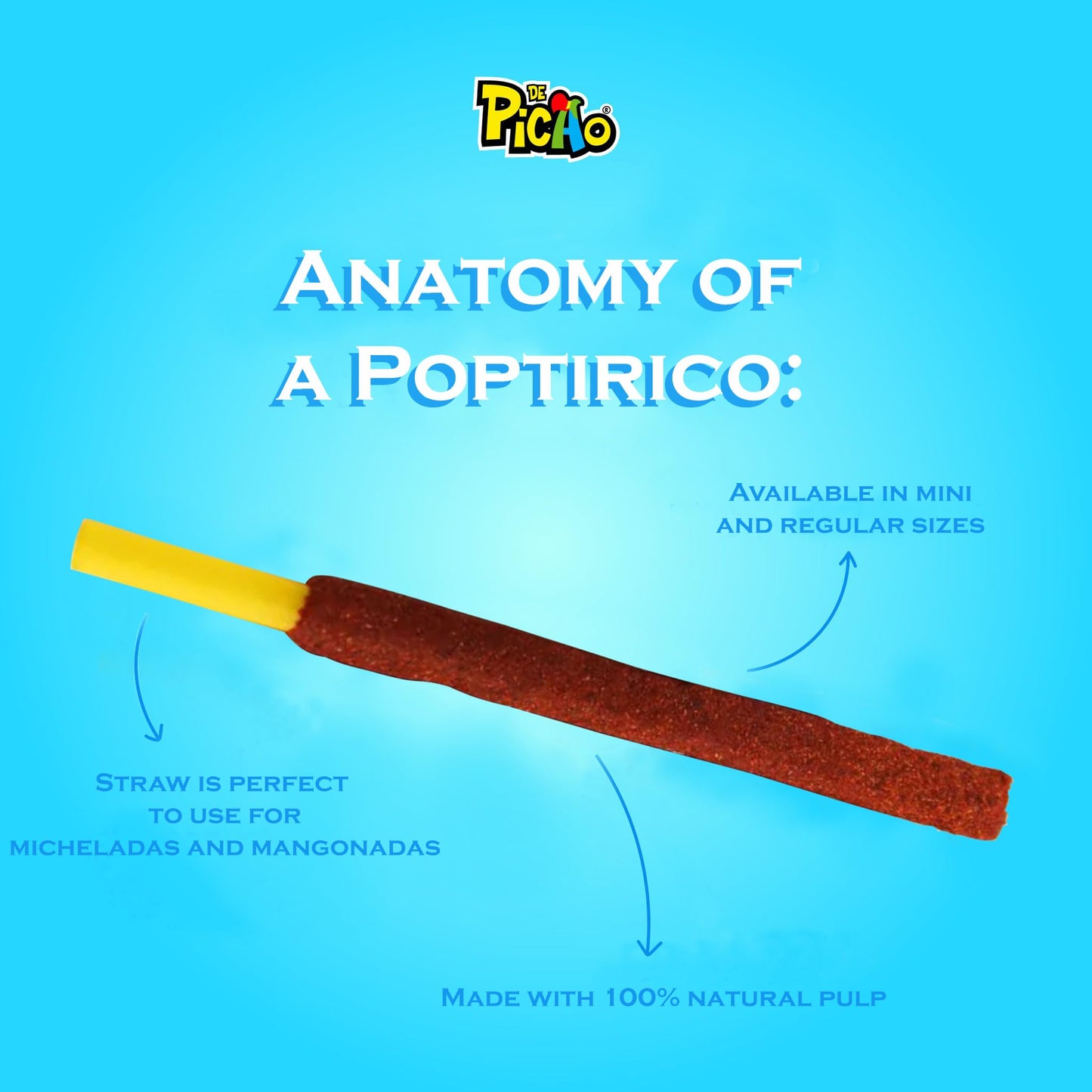 PICAO Mexican Candy Tamarind Paste Candy Spicy Sticks Straw Chili Powder Mini Poptirico Vitrolero 50Ct./550g. Dulce de Tamarindo