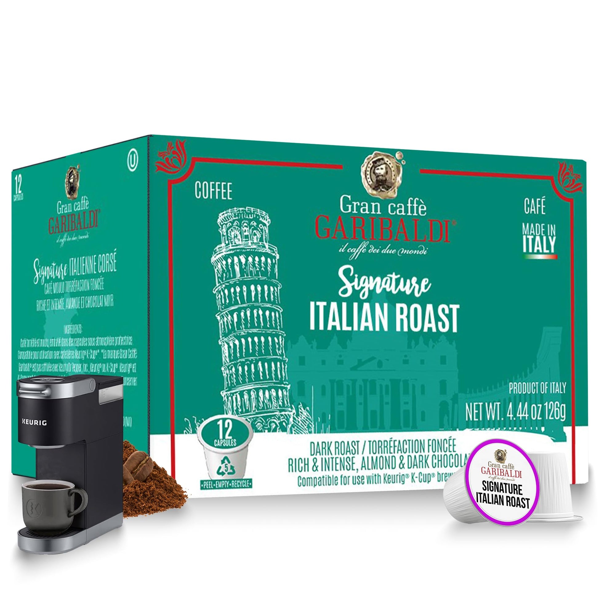 Caffè Garibaldi Italian Roast Coffee Pods, Dark Roast, 100% Arabica, 12 Count K-Cups for Keurig Brewers