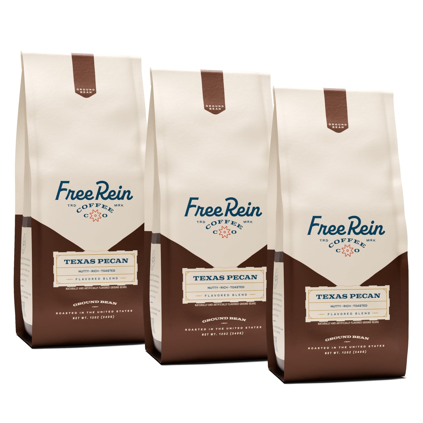 FREE REIN COFFEE Texas Pecan Medium Roast Ground Coffee, 12oz Bag (Pack of 3) - Rich & Balanced Flavor, Roasted in America